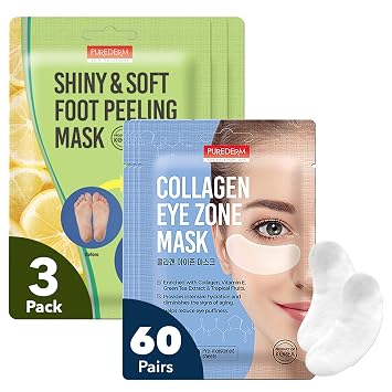 Purederm Shiny & Soft Foot Peeling Mask 3 Pack & Deluxe Collagen Eye Mask Collagen Pads For Women 2 Pack Of 30 Sheets