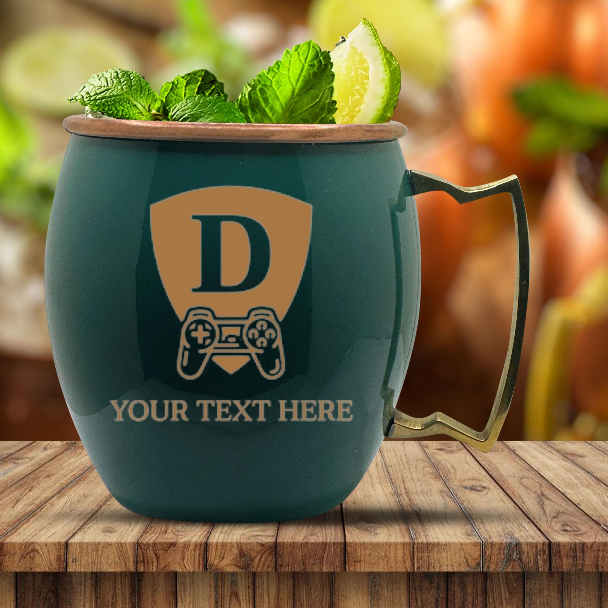 Custom Copper Moscow Mule with Smooth Painted Finish - Engraved Bar Style 100% Copper Cup with Personalized Classic Controller Monogram Gamer Themed Engraving, Brass Handle | 18 oz, Green | Set of 2