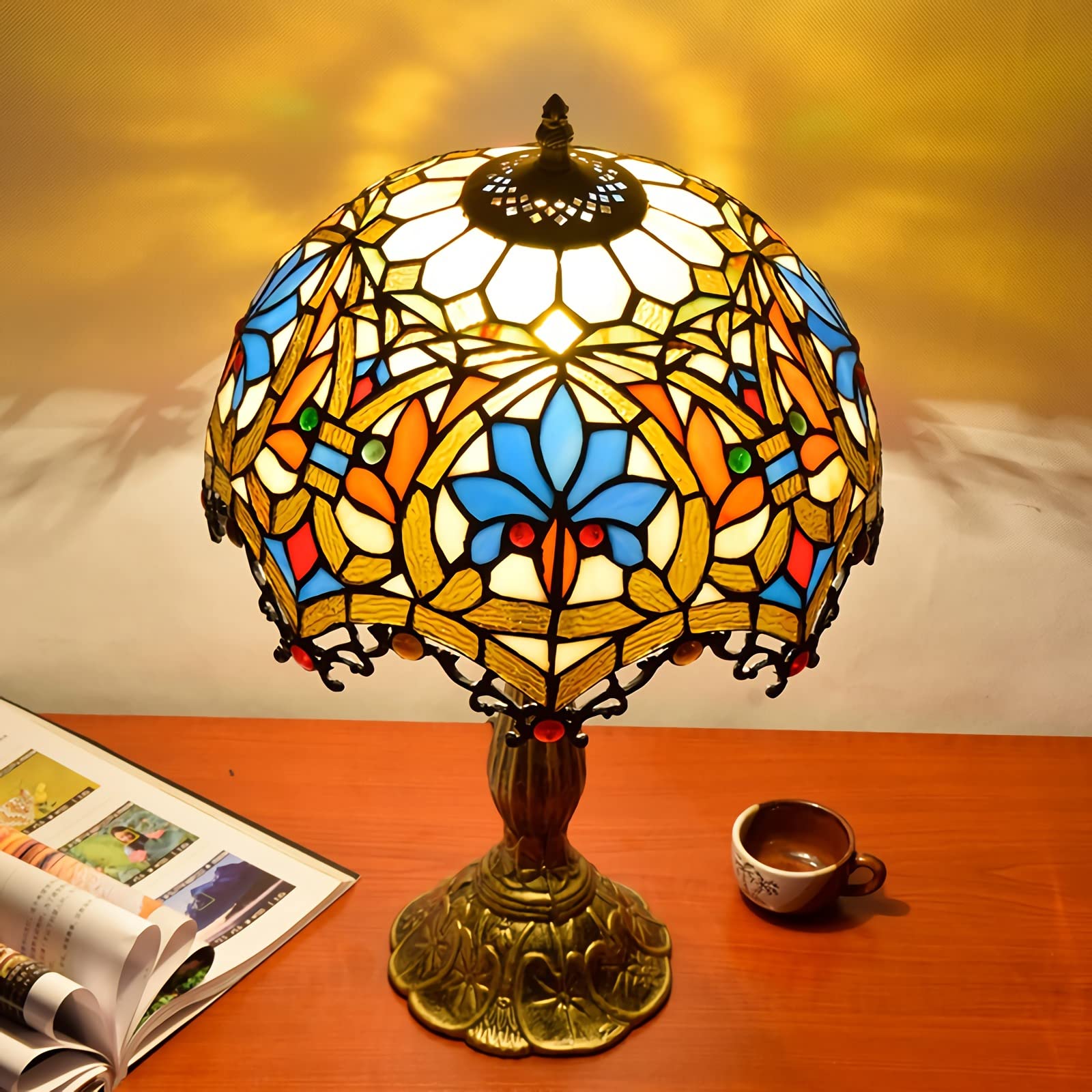 XANAYXWJ Stylowa barokowa stołowa, 12-calowa wiktoriańska witrażowa lampka nocna, podstawa E26 w stylu vintage lampka do czytania do salonu sypialnia