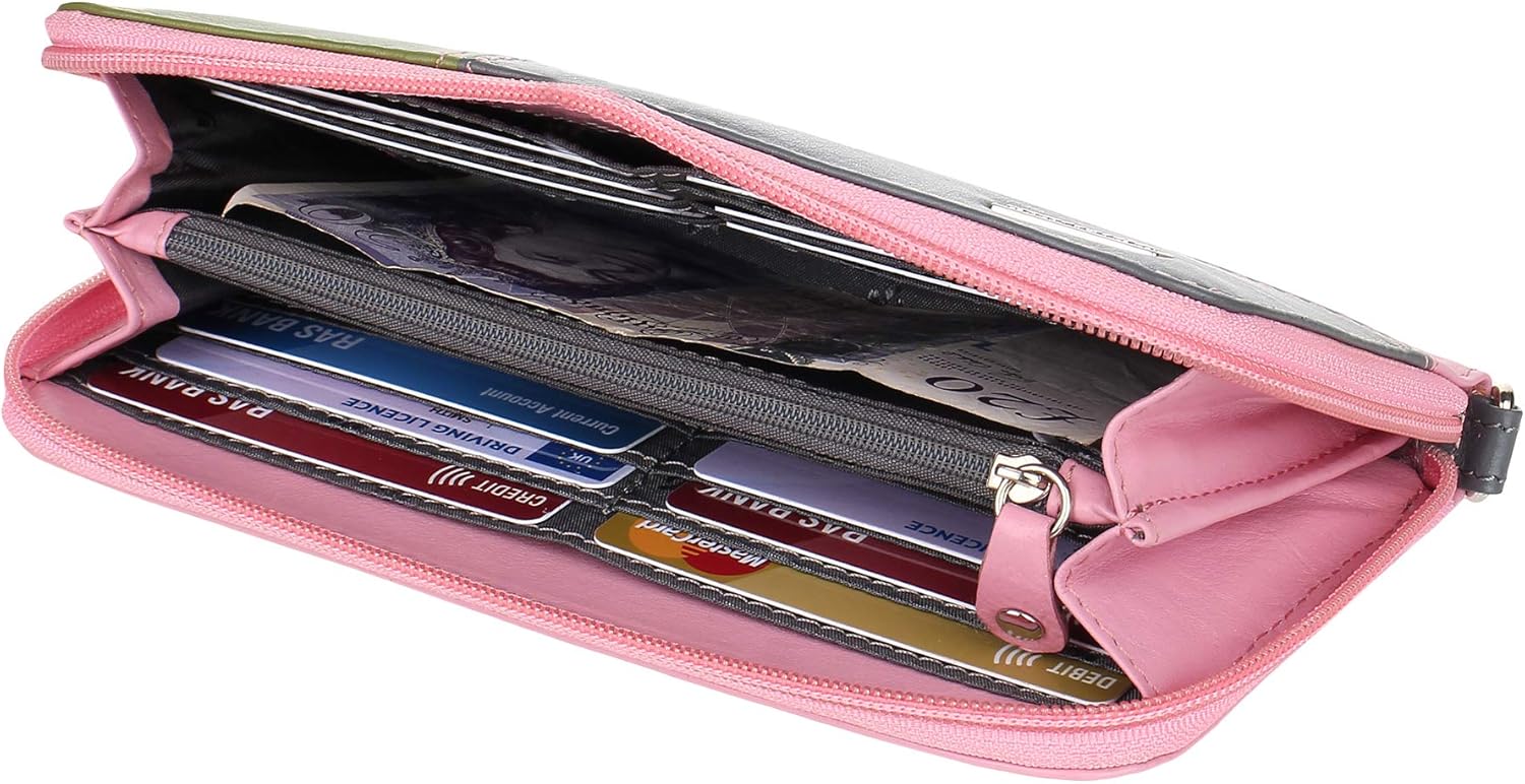 RFID Blocking Multicolored Women's Wallet - Genuine Slim Leather Cardholder Purse with Full Zip Closure, Detachable Wrist Strap, and Stylish Design 5610 (Pink/Grey/Green), Pink/Grey/Green,