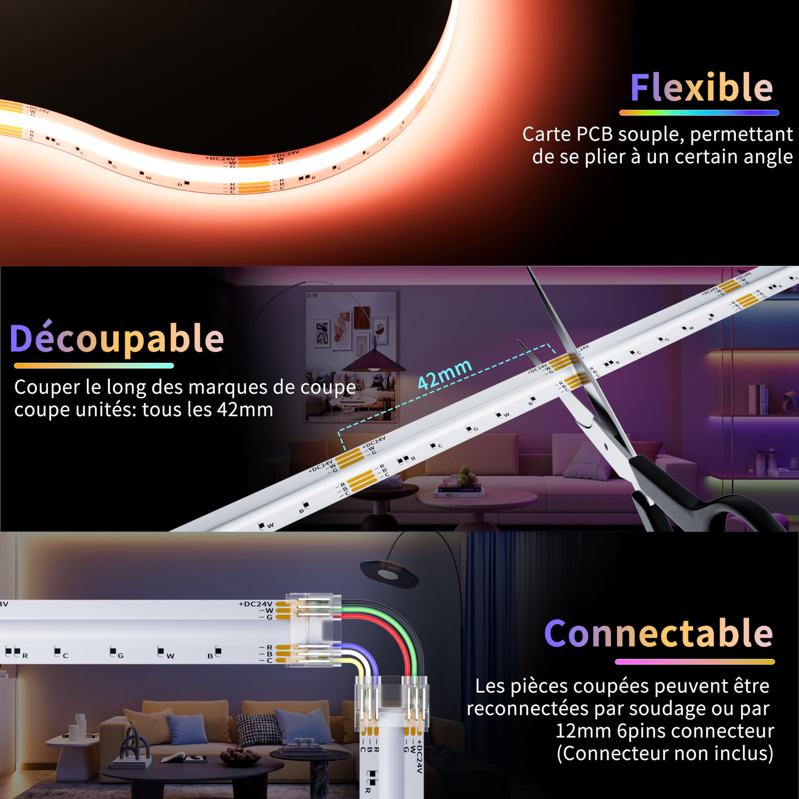 PAUTIX Ruban LED COB RGBW/WW 10M 840LEDs/M RGB+CCT Couleur Température Réglable 2700K-6500K, Bande Lumineux à Changement de Couleur 24V pour Maison Décoration(Alimentation et Contrôleur NON Inclus)