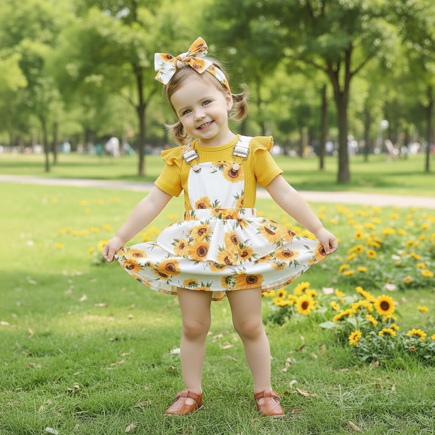 Baby Girl Clothes Cute Summer Outfits Short Sleeve Romper Adjustable Floral Overall Dress Headband 3PCS - Image 3