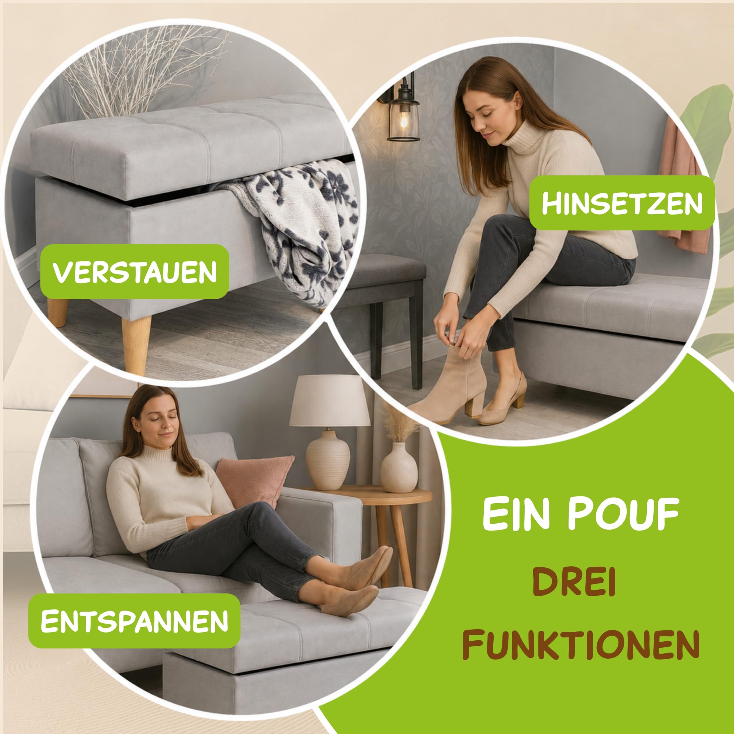 Outentin Gepolsterter Velvet Puff – Hocker & Sitzwürfel mit Stauraum, klappbarer Fusshocker und Fußablage für Wohnzimmer & Flur – Stabiler Sitzhocker mit Buchenfüßen, 70 × 42 × 37 cm, Grau Ottoman