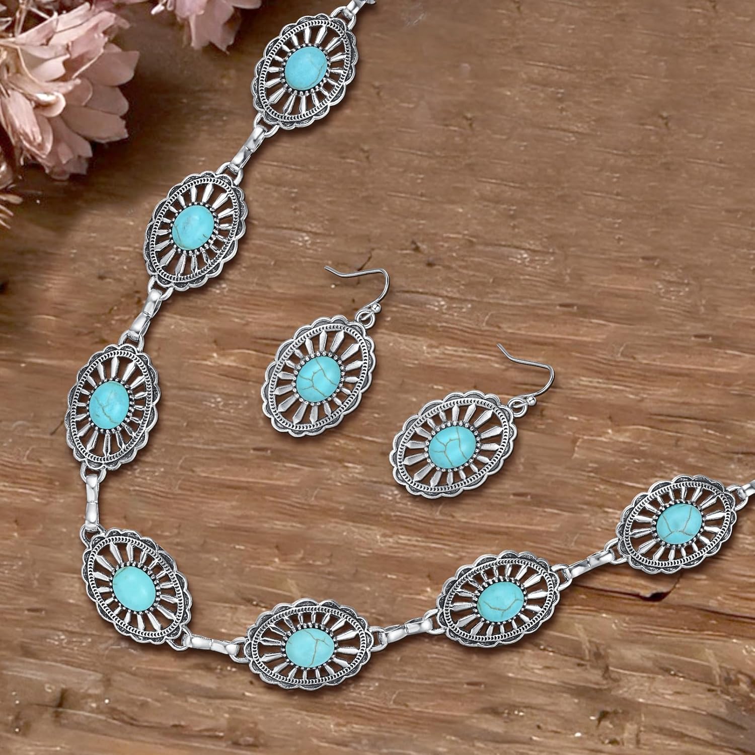 Turquoise Jewelry Set for Women Bohemian Western Jewelry Set Adjustable Western Necklace Dangle Earring Bracelet Boho Cowgirl Cowboy Chic Accessories for Women - Image 4