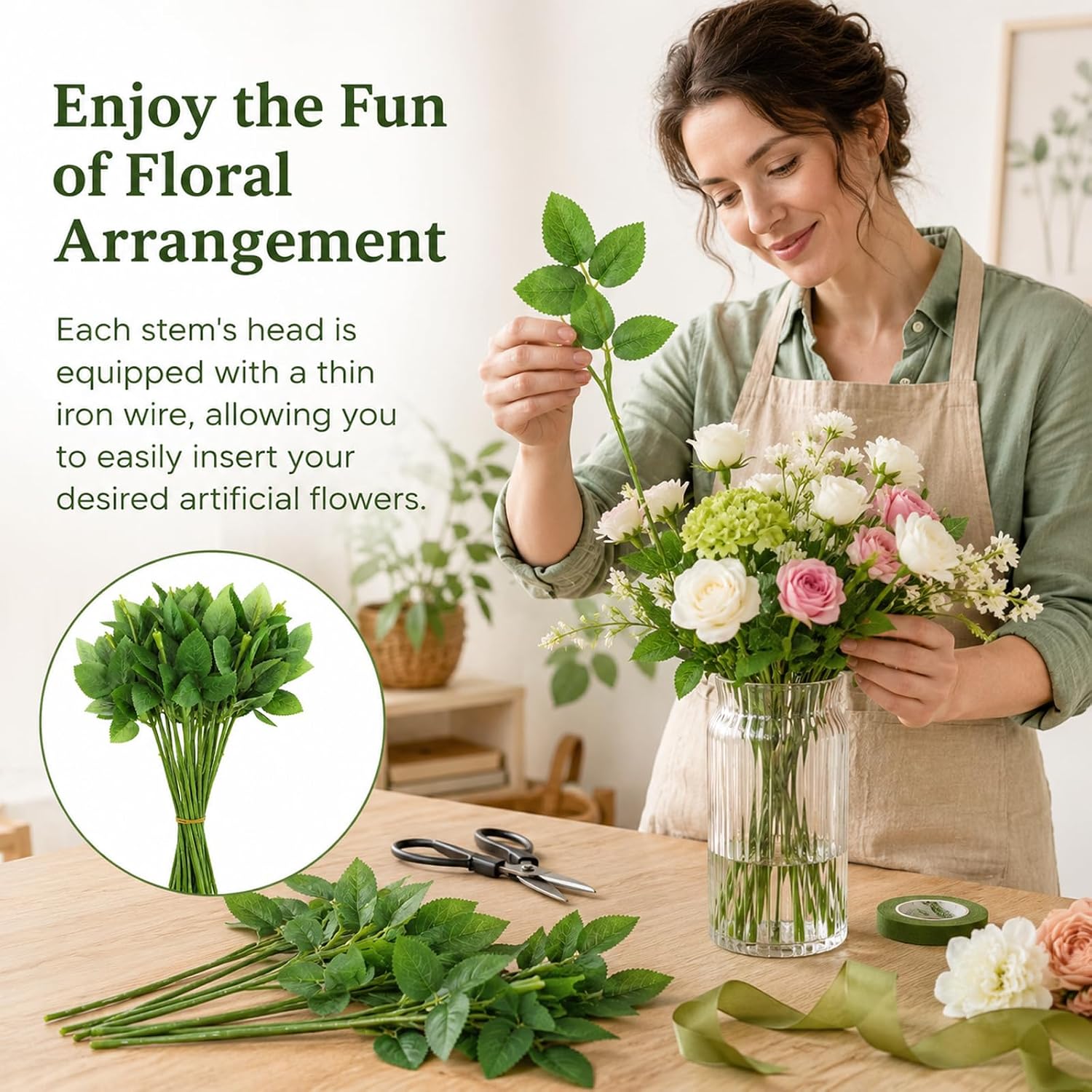 20 Pcs Flower Stems 13'' Rose Stems with Leaves Floral Wire Stem Artificial Plastic Floral Wire DIY Craft Supplies Faux Green Leaves Stem Florals Arrangement Supplies for Bouquet Wedding Party image 5
