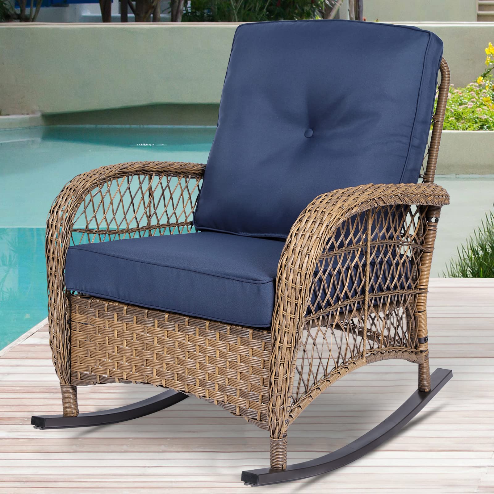SOCIALCOMFY Outdoor Wicker Rocking Chair, Patio Rattan Rocker Chair with Steel Frame, Rocking Lawn Chair Patio Furniture, Light Brown Wicker & Navy