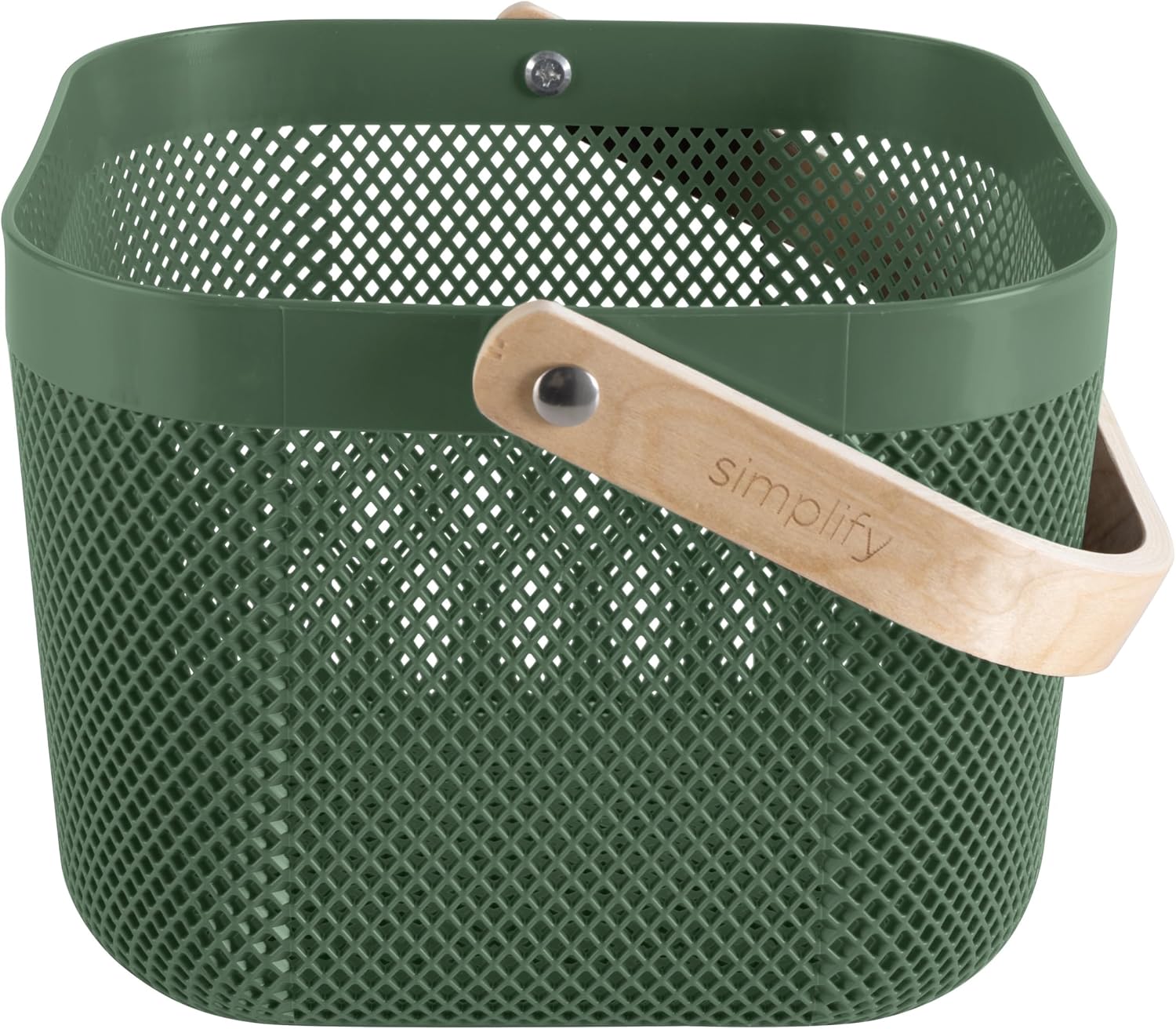 Simplify Small Mesh Storage Basket with Wooden Handle | Forest Green Color | Plastic Organizer Bin | Pantry Organization | Cabinet Storage