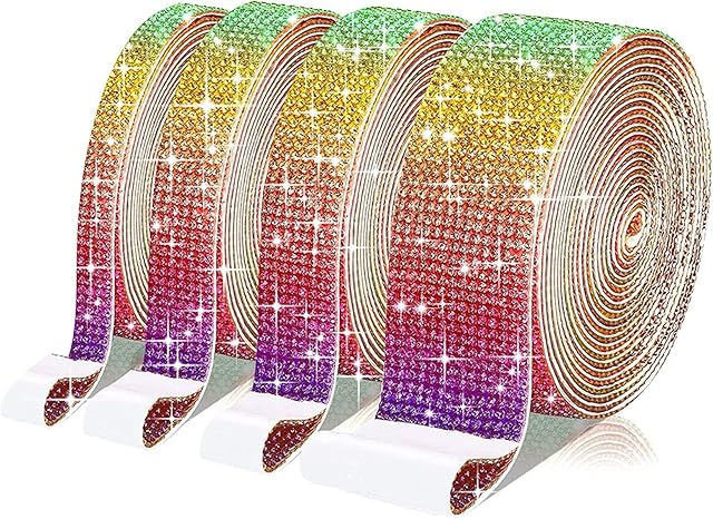 4 Rolls Self-Adhesive Crystal Rhinestone Diamond Ribbon DIY Decoration Sticker with 2 mm Rhinestones for Arts Crafts, DIY Event Car Phone Decoration (Rainbow)