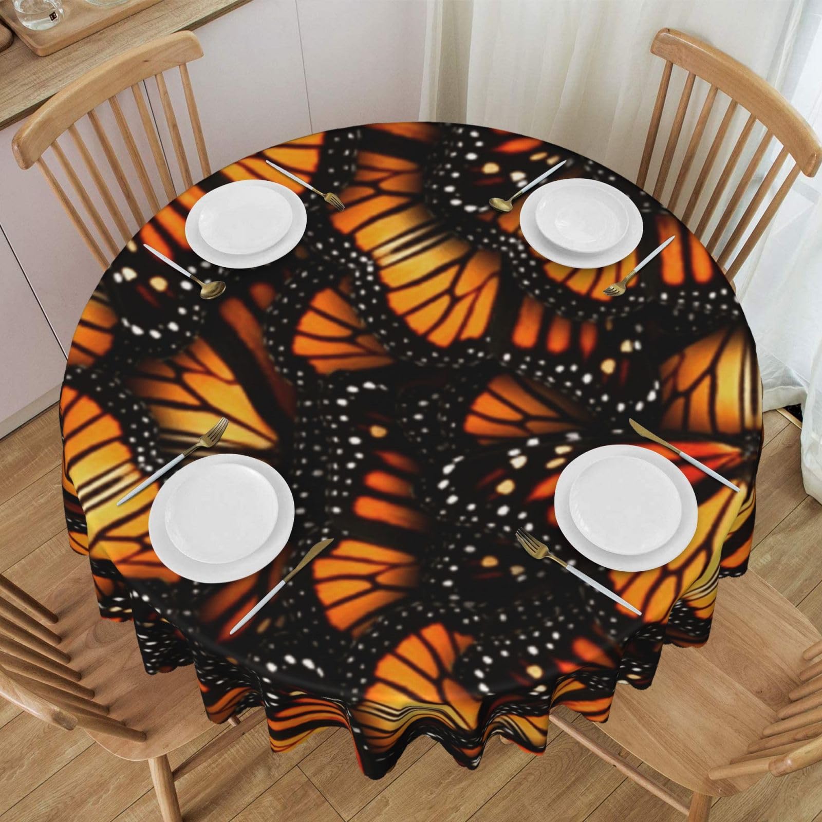 DCEHGEW 60 In Round Tablecloth with Lace, Heaps of Orange Monarch Butterflies Printed Oilproof & Washable Fabric Picnic Table Cloth Table Covers