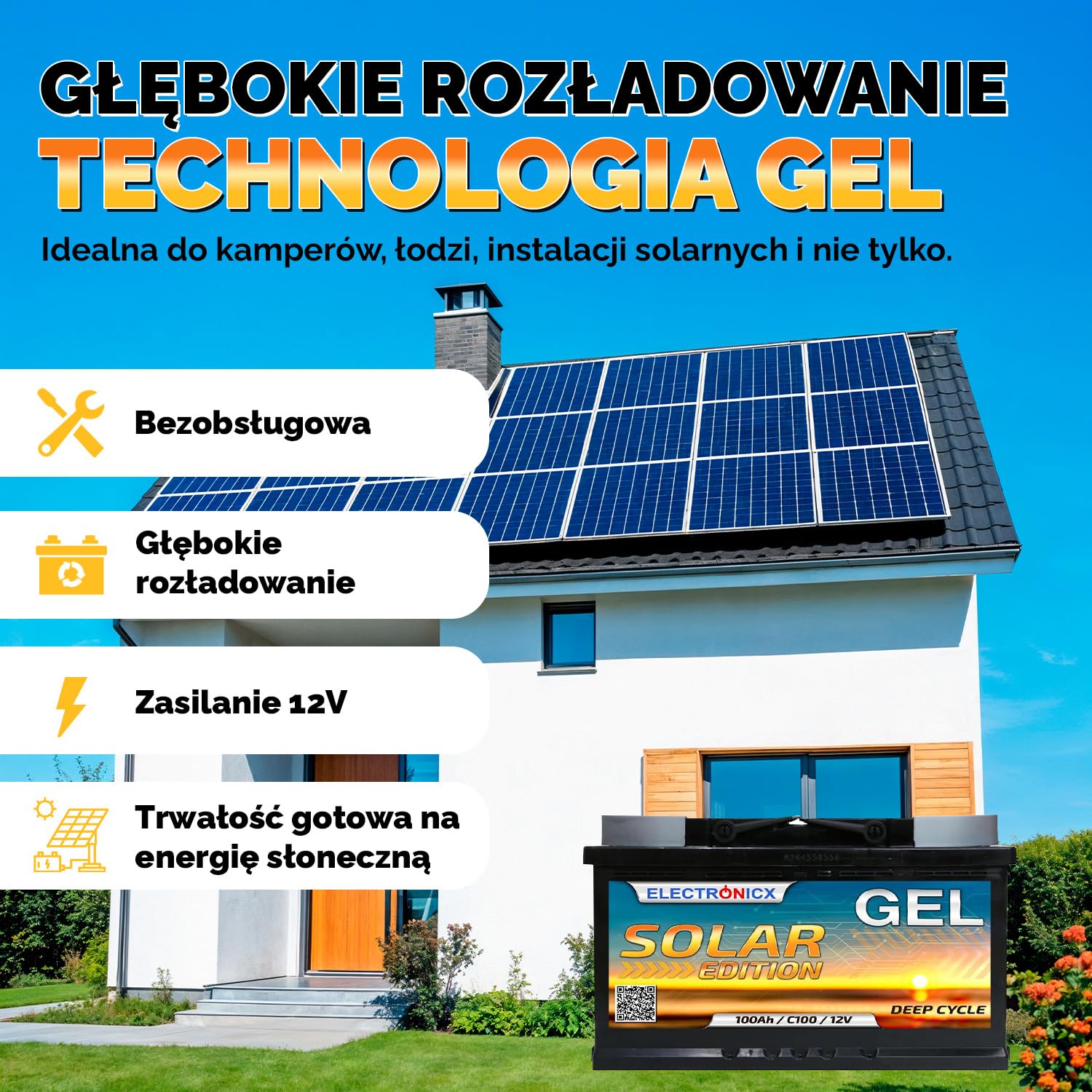 Electronicx GEL Solar Edition 100Ah 12V – akumulator żelowy Deep Cycle – 100Ah – bezobsługowy, szczelny, do użytku wewnętrznego – bez wycieków kwasu – ochrona przed korozją – 100% technologii żelowej