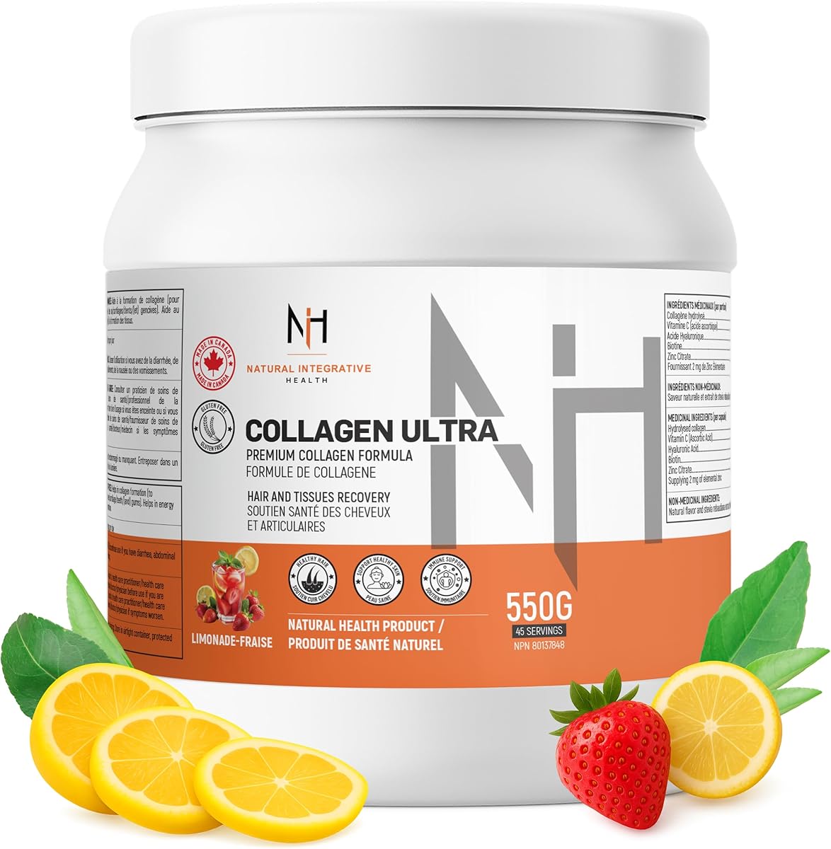 Natural integrative health NIH - Collagen Powder Strawberry-Lemonade, 550g (45 Servings) – Hydrolyzed Collagen Peptides Supplement, Supports Healthy Bones, Hair, Skin, Teeth, Nails & Joints – Easy to Mix, for Men & Women