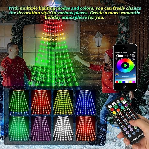 Miniatura 7 de 305 luces LED de 4 de julio con forma de cascada de estrellas para exteriores con control remoto y aplicación, 10 pies RGB que cambian de color