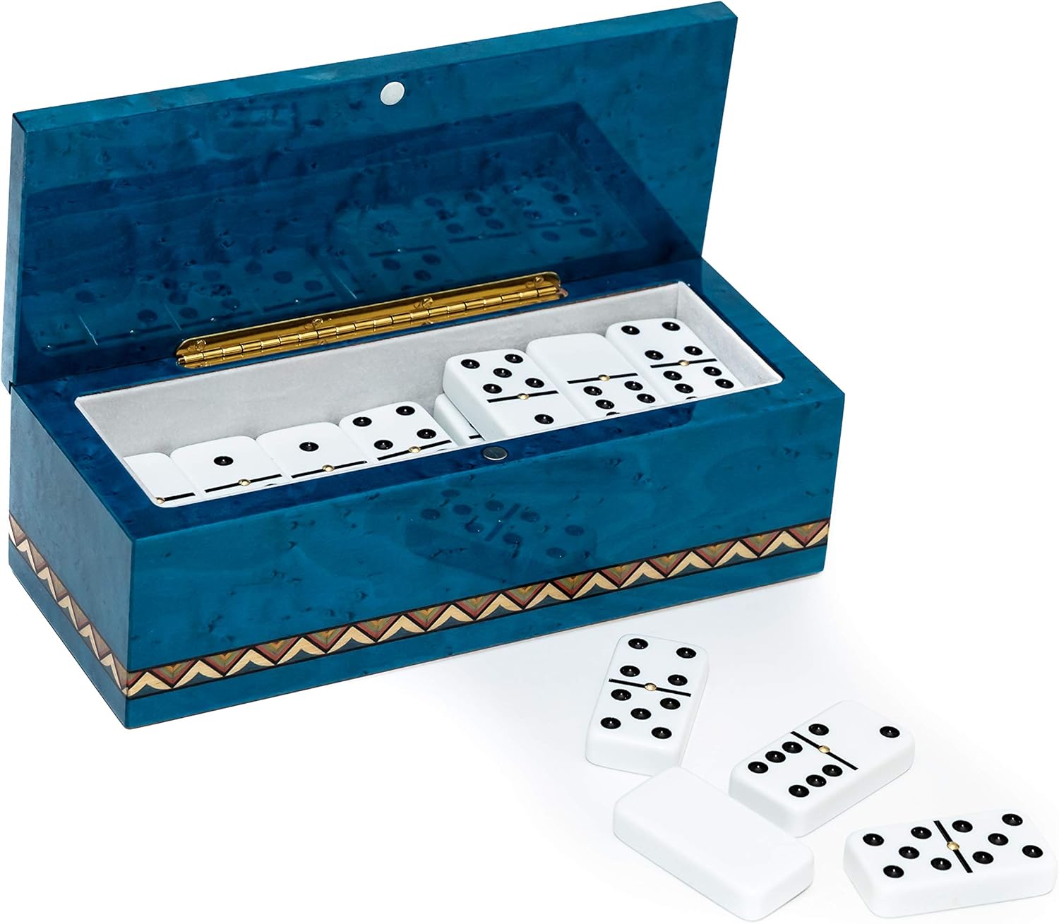 Bello Collezioni - Piazza Di Spagna Luxury Double Six White Professional Jumbo Size Tournament Dominoes Set with Spinners from Italy in a Blue Briarwood Case