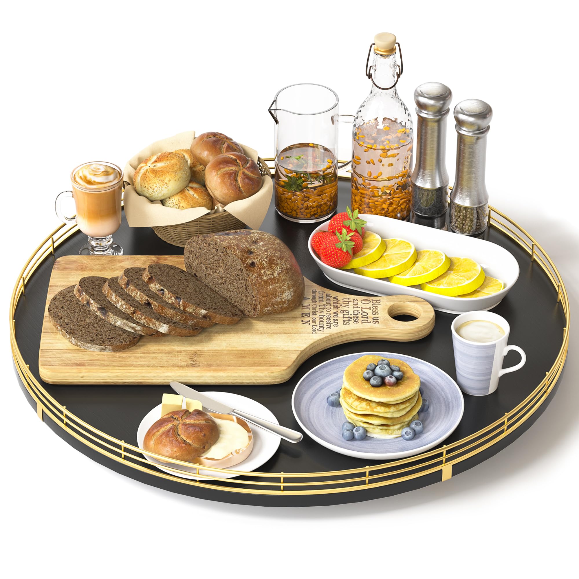 Oroyutor 16-Inch Oak Lazy Susan Organizer with Gold Rail and Black Finish
