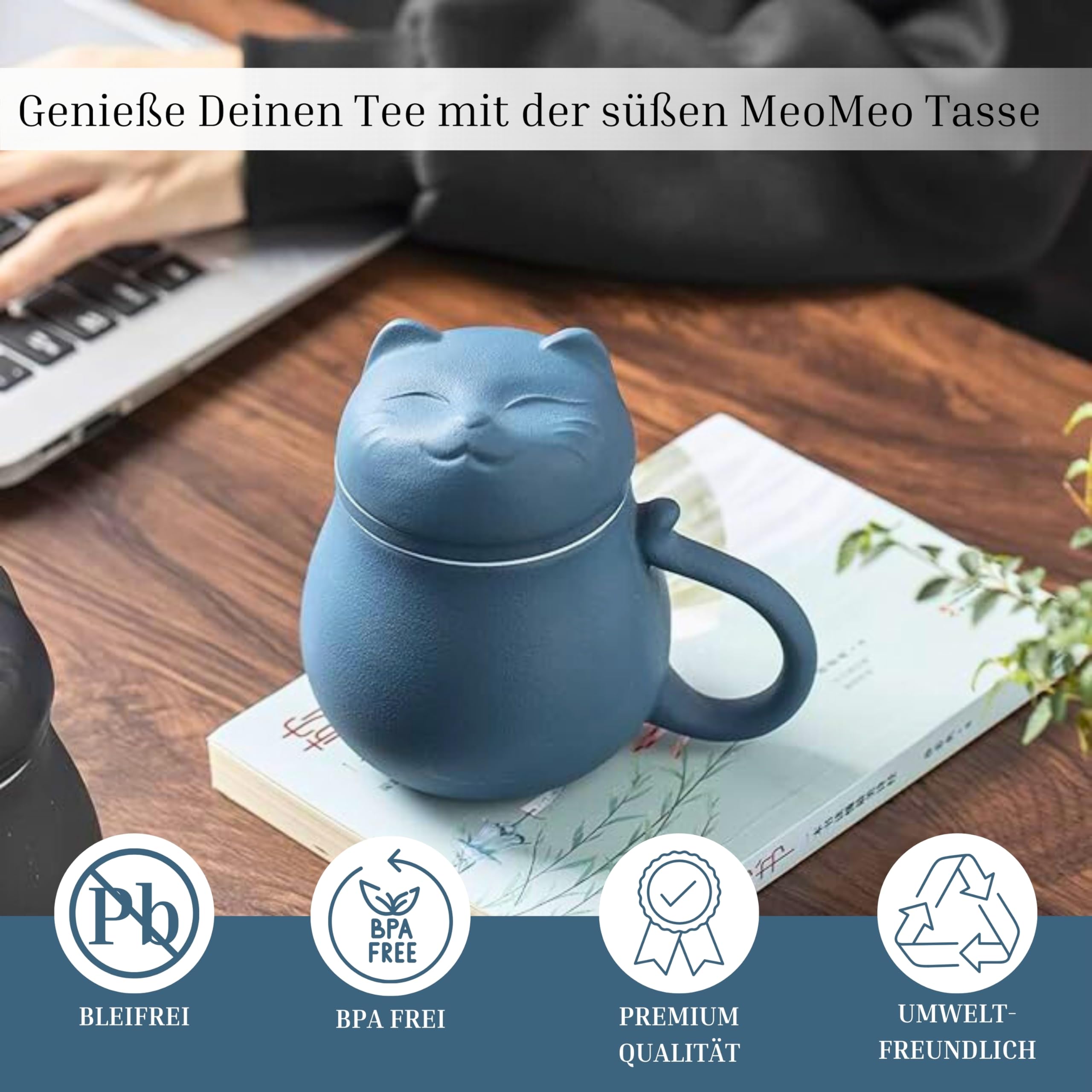 Tazza Da Tè Con Gatto - 400ml, Coperchio E Colino, Ceramica Nera - Foto 8