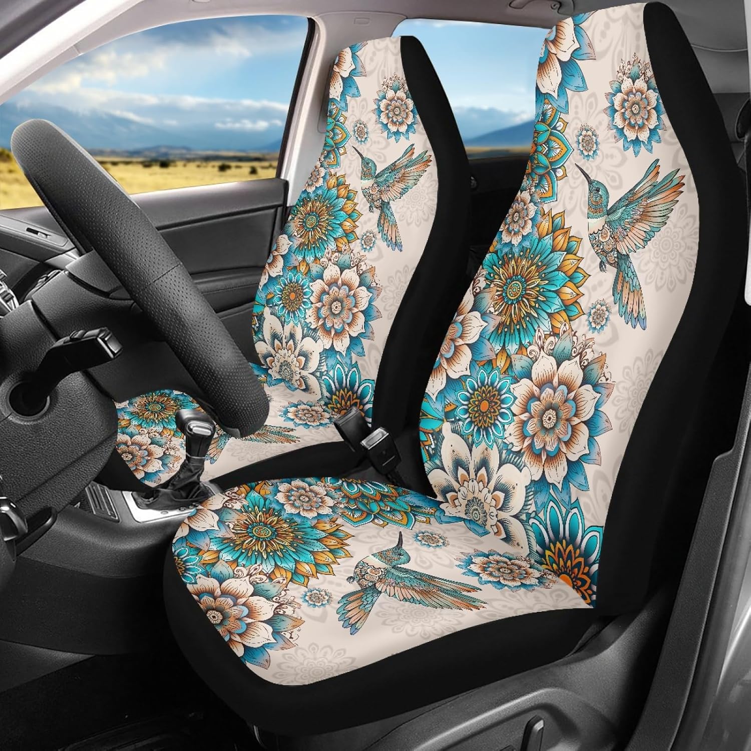 Poceacles Boho Flower Hummingbird Car Front Seat Covers 2 Pieces Universal Fit Auto Front Bucket Seat Protector Covers, Easy to Install Automotive Interior Decor