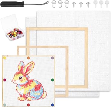 ktondic Needlepoint Stretcher Bar Kit, 12 Bars, 2 13-Mesh Canvases | 12 Wood Bars in 8, 12 and 16 Inch Sizes with Two 18 x 20 Inch 13-Mesh Canvases, Tacks, Hanging Hardware and Tack Remover