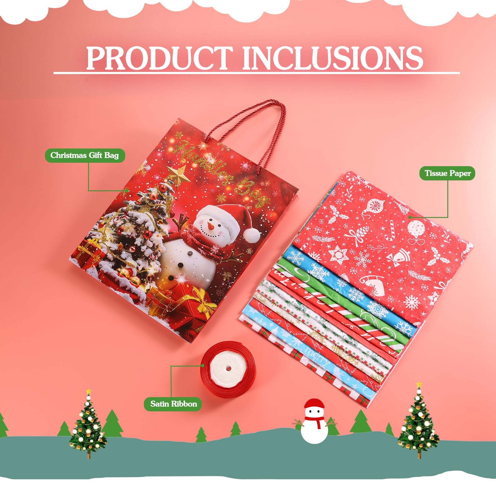 Rusikia 12 Christmas Gift Bags with 12 Tissues and 1 Satin Ribbon, Red Party Favor Bags Bulk with Handles, Glittery Cute Tree Snow-man Paper Bag for Xmas Holiday Party (Medium 10"x4"x12.6")