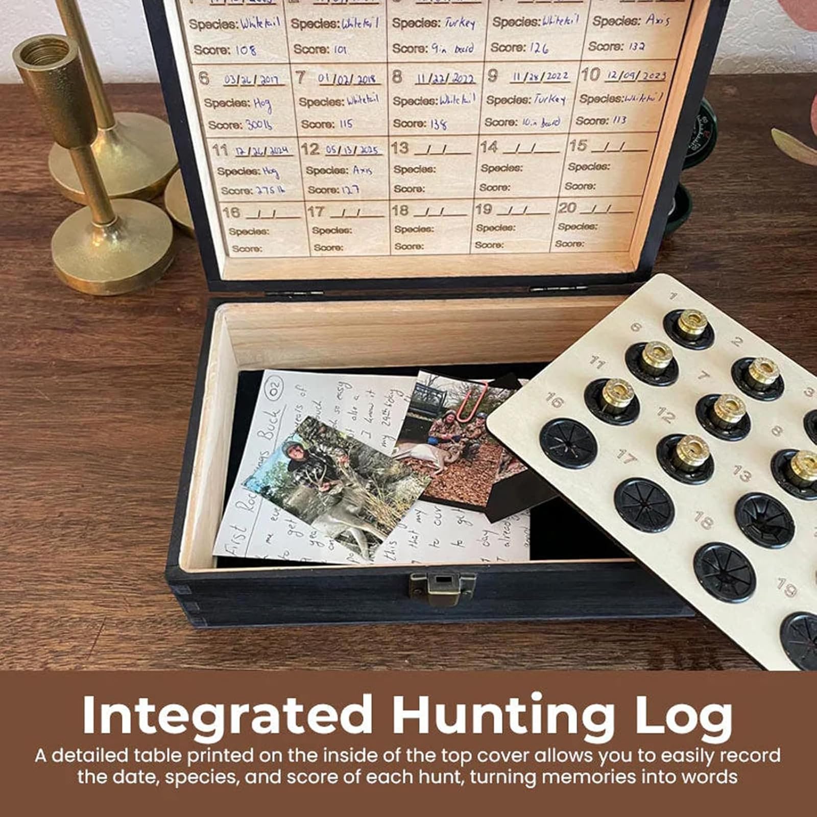 The Hunter's Legacy Memory Box, Hunting Keepsake Wooden Box with Shell Slots, Notes Chart and Hidden Layer for Casings, Tags & Photos, Hunting Memorabilia Storage Boxes, for Dad Husband (GRAY) — view 3