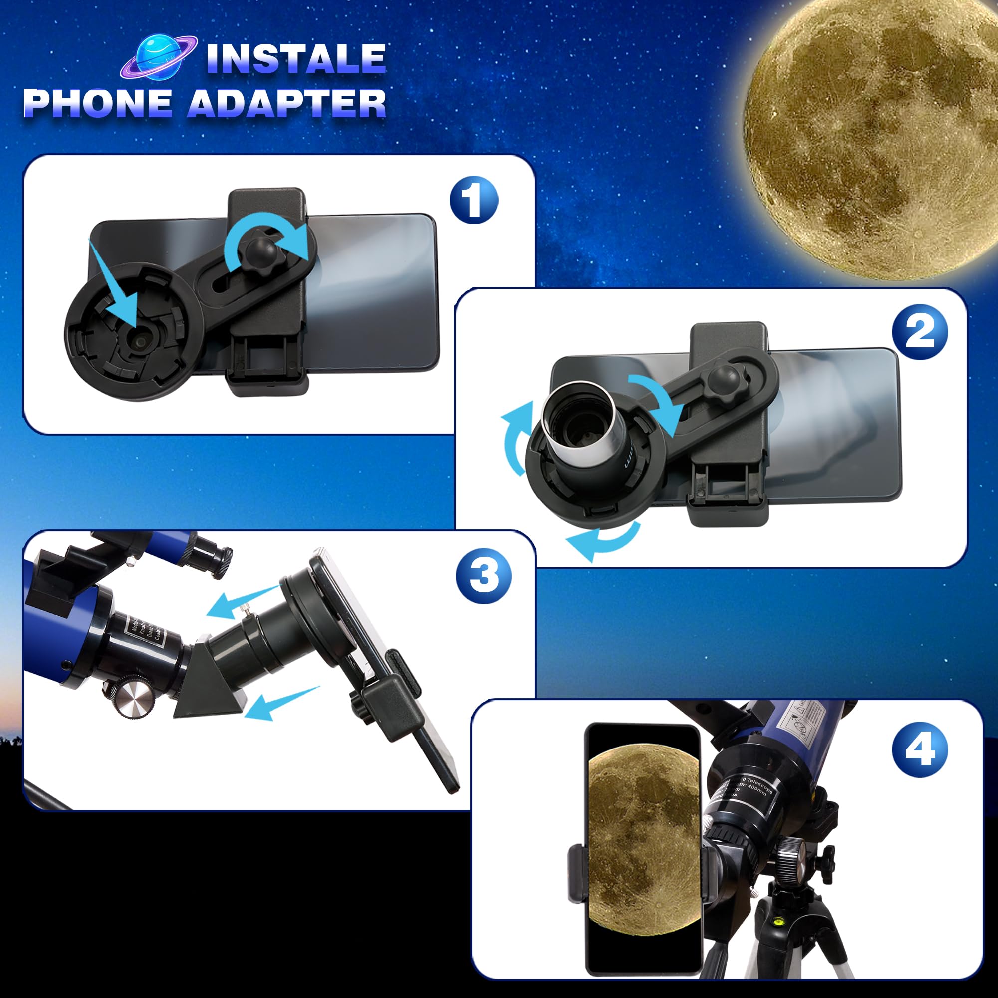 Telescopi per astronomia per adulti, apertura 70 mm, 400 mm, telescopio rifrattore professionale 200X per bambini e principianti, telescopio da viaggio compatto e portatile con borsa per il trasporto