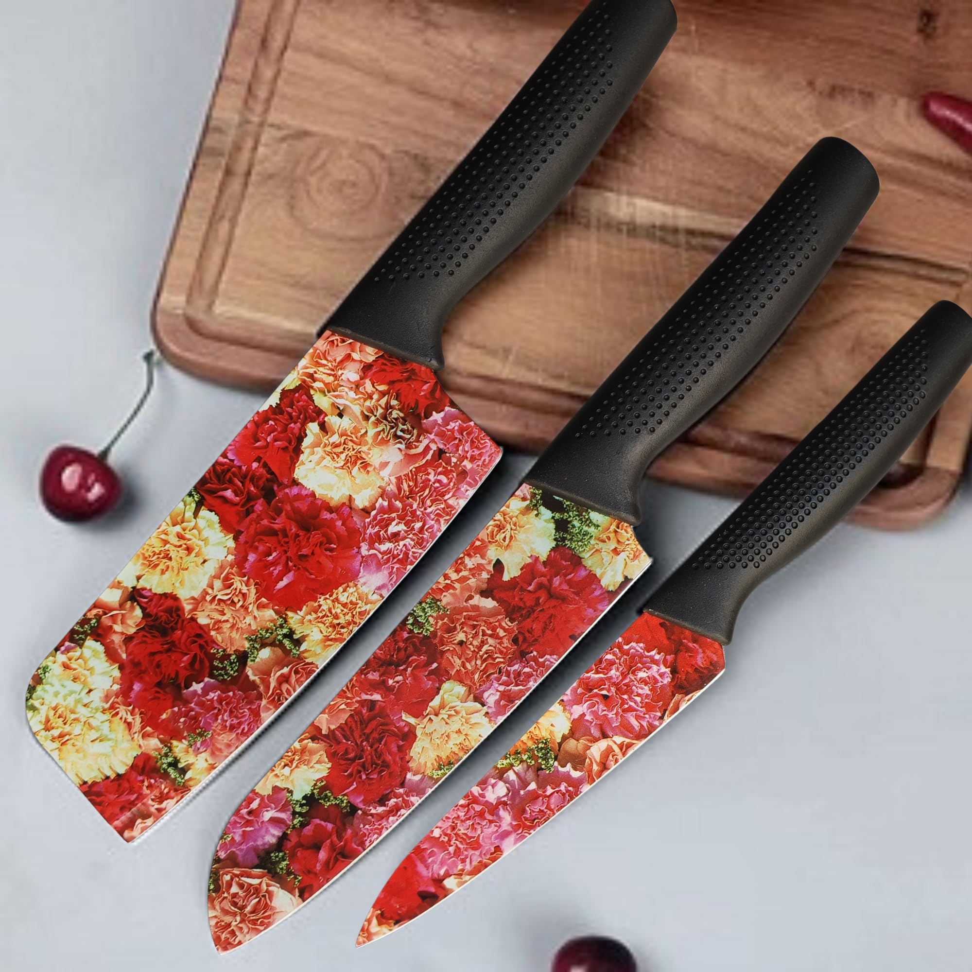 YELONA Ultra Sharp Printed Knife Set of 3 - German Stainless Steel Kitchen Knives with Chef's, Butcher, Paring, and Peeling Blades - Non-Slip ABS Plastic Handles