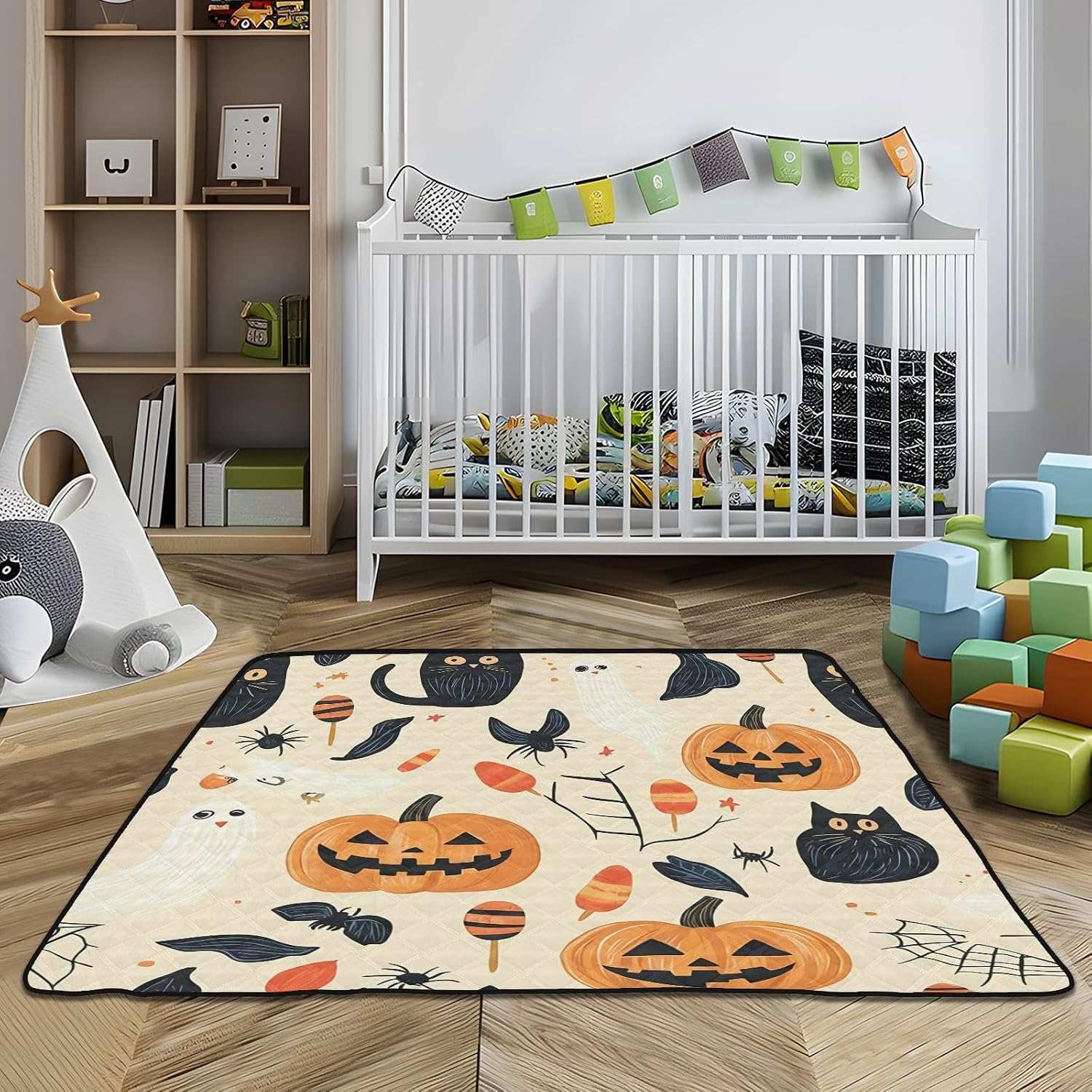 Halloween Pumpkin & Black Cat Baby Play Mat, 50“ X 50” Washable Folding Crawling Mat, Baby Floor Mat, Soft, Non-Slip