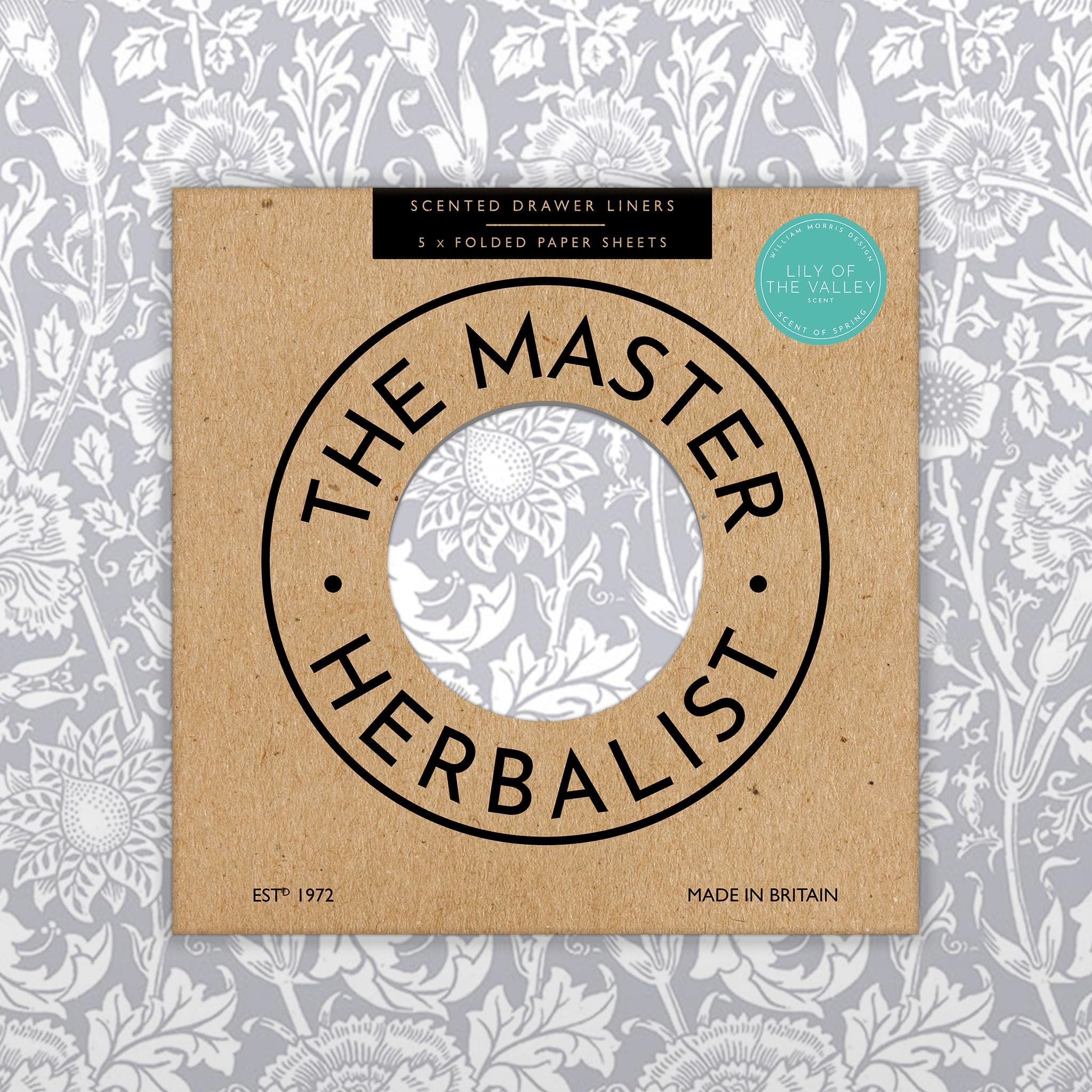 The Master Herbalist LILY OF THE VALLEY Scented Drawer Liners in a GREY William Morris Design. Contains Essential Oils. Pack of 5 Sheets (FOLDED)