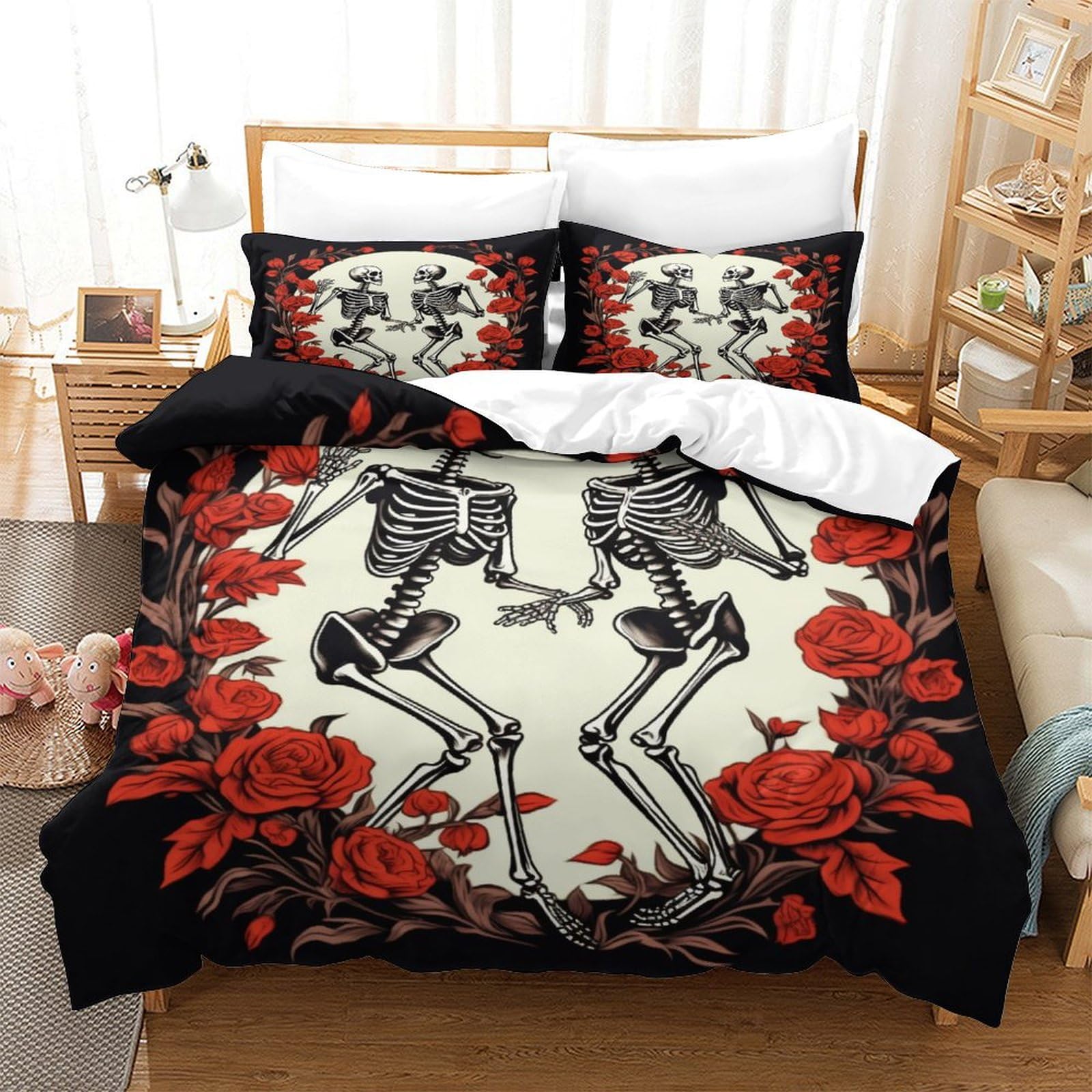P1S9U7W5Y 3D Printed Skull Rose Duvet Cover Set 3pcs Microfiber Gothic Skeleton Bedding Set King