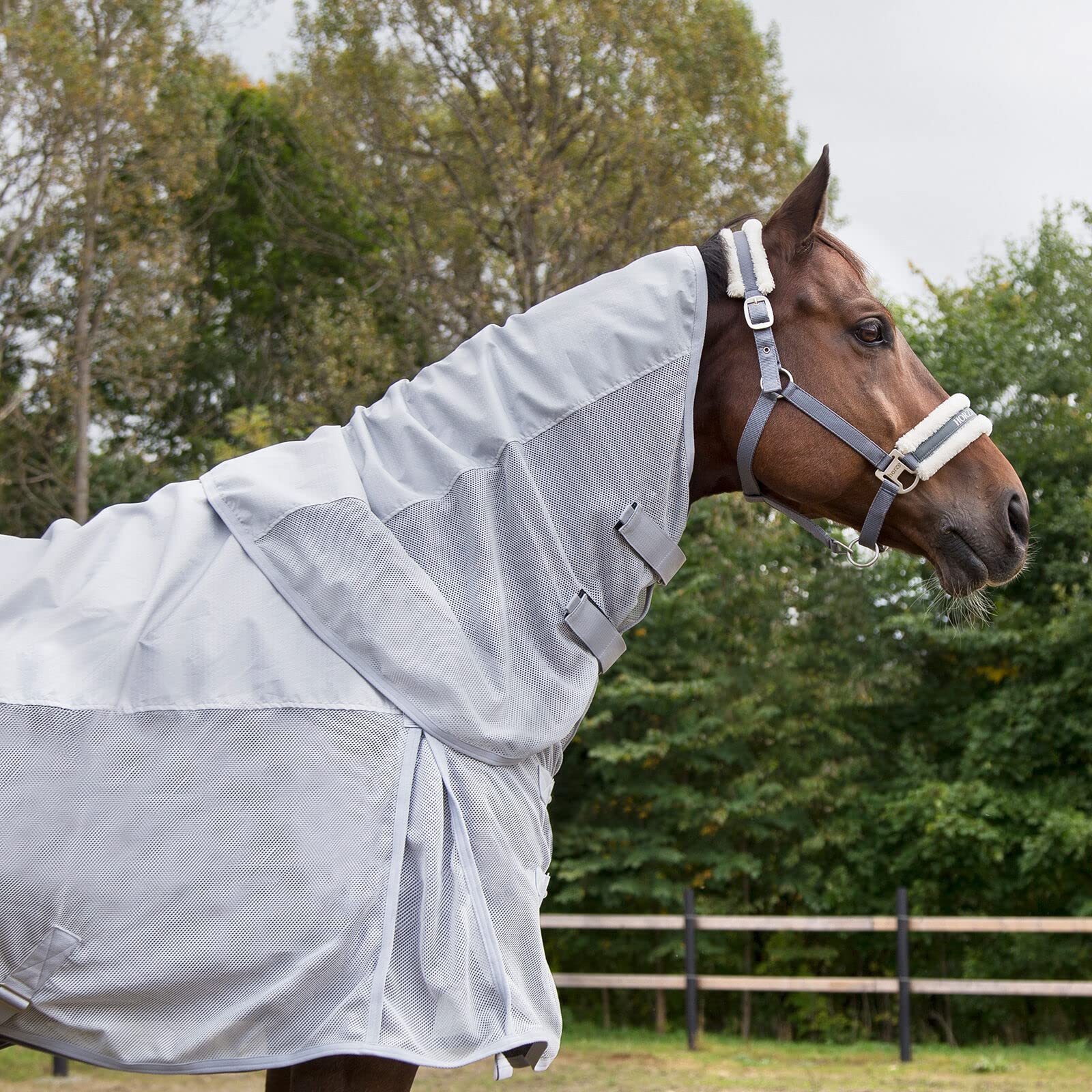 Horze Pferdedecke Nevada Combo, Regendecke und Fliegendecke für Pferd und Pony, Grau, 135
