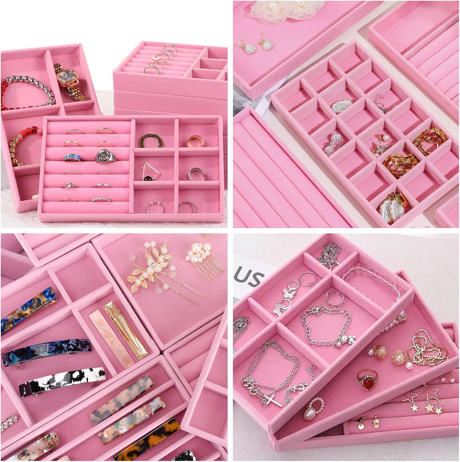 12Pcs Velvet Stackable Jewelry Trays, Jewelry Drawer Organizer, Large Removable Display Jewelry Tray, Necklace Bracelet Storage Box for Earring, Ring, Brooch, Watch (Pink)
