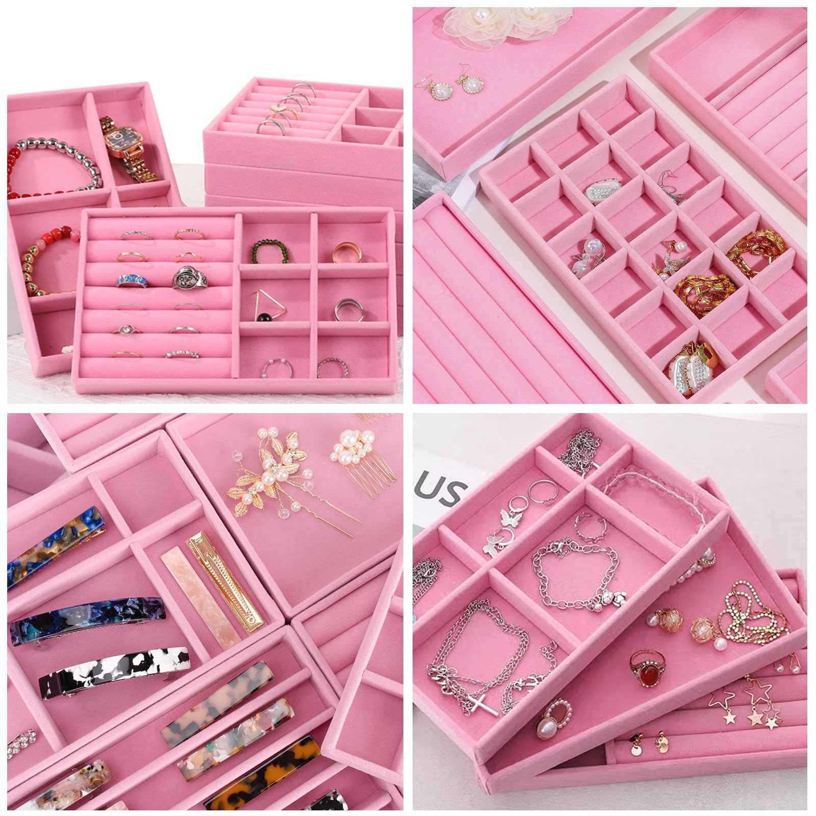 12 bandejas apilables de terciopelo para joyas, organizadores de cajones, bandeja grande extraíble para joyas, caja de almacenamiento para pendientes, anillos, broche, reloj