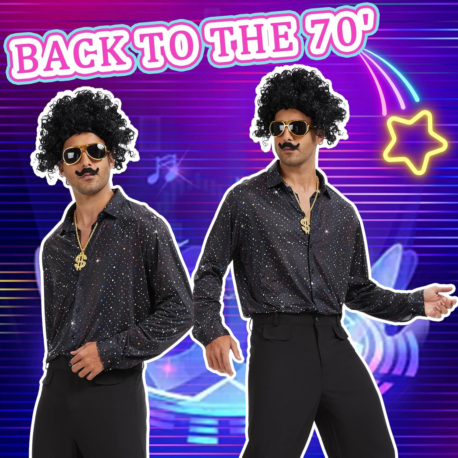 70s Disco Costume for Men 6 Pcs Shirt Bell-Bottom Pants Wigs Sunglasses Necklace Shirts for Disco Party - Image 5