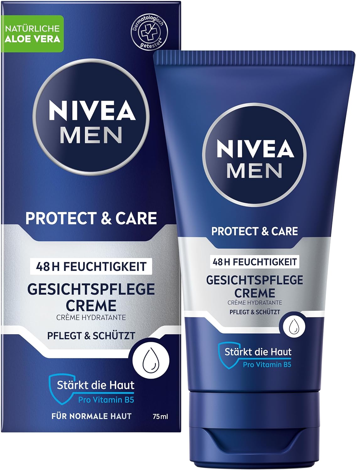 NIVEA MEN Protect & Care Gezichtsverzorgingscrème, rustgevende vochtinbrengende crème voor mannen, 48 uur hydraterende gezichtscrème met aloë vera en Pro vitamine B5 (75 ml)