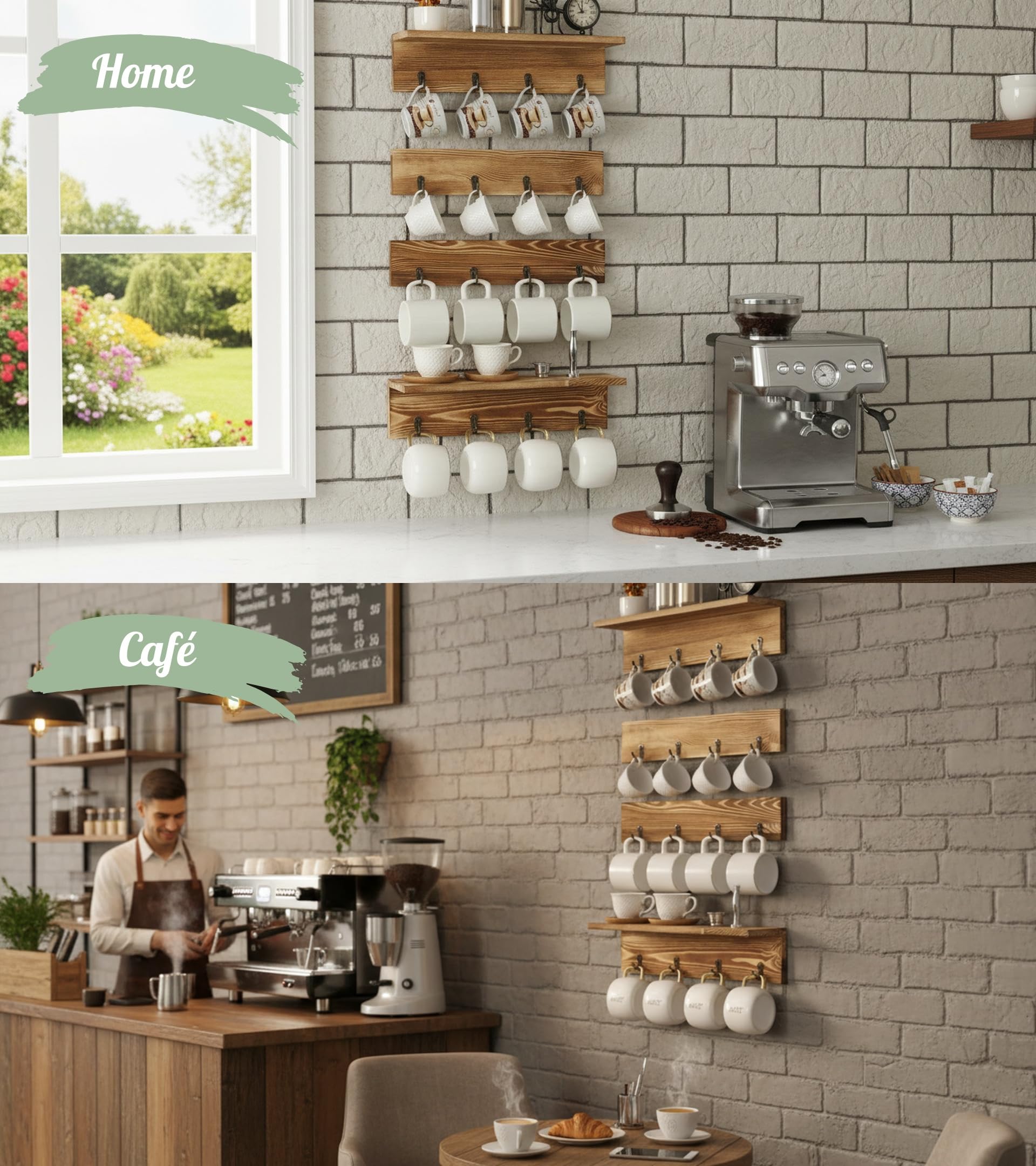 Porte-tasses Rustique Mural - Étagère Suspendue Avec 16 Crochets - En Bois Pour Tasses à Café - Lot de 4 - Pour Cuisine, Salle de Pause et Couloir