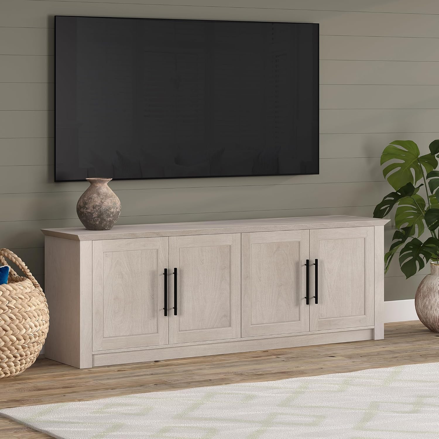 Henn&Hart TV Stand for TVs up to 78" with 2 Conceal Storage Cabinets and Adjustable Shelves for Living Room, Family Room, or Office, Beech White