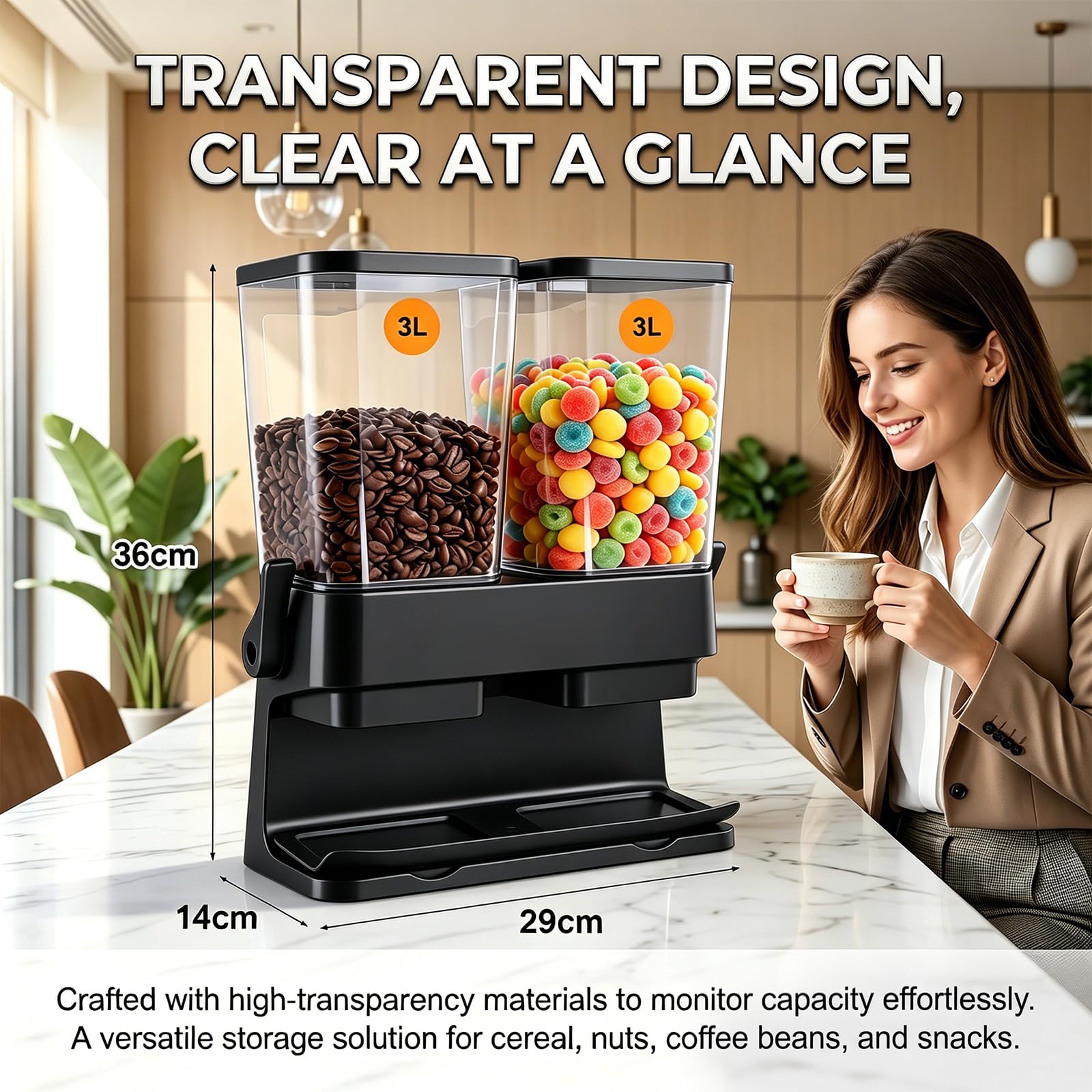 Müslispender 2er Set 3l Luftdichter Cornflakes Spender Behälter Große Kapazität Automatic Rice Storage Geeignet Klare Frischhaltedosen mit Deckel für Müsli Snacks Cereal Dispenser (Schwarz)
