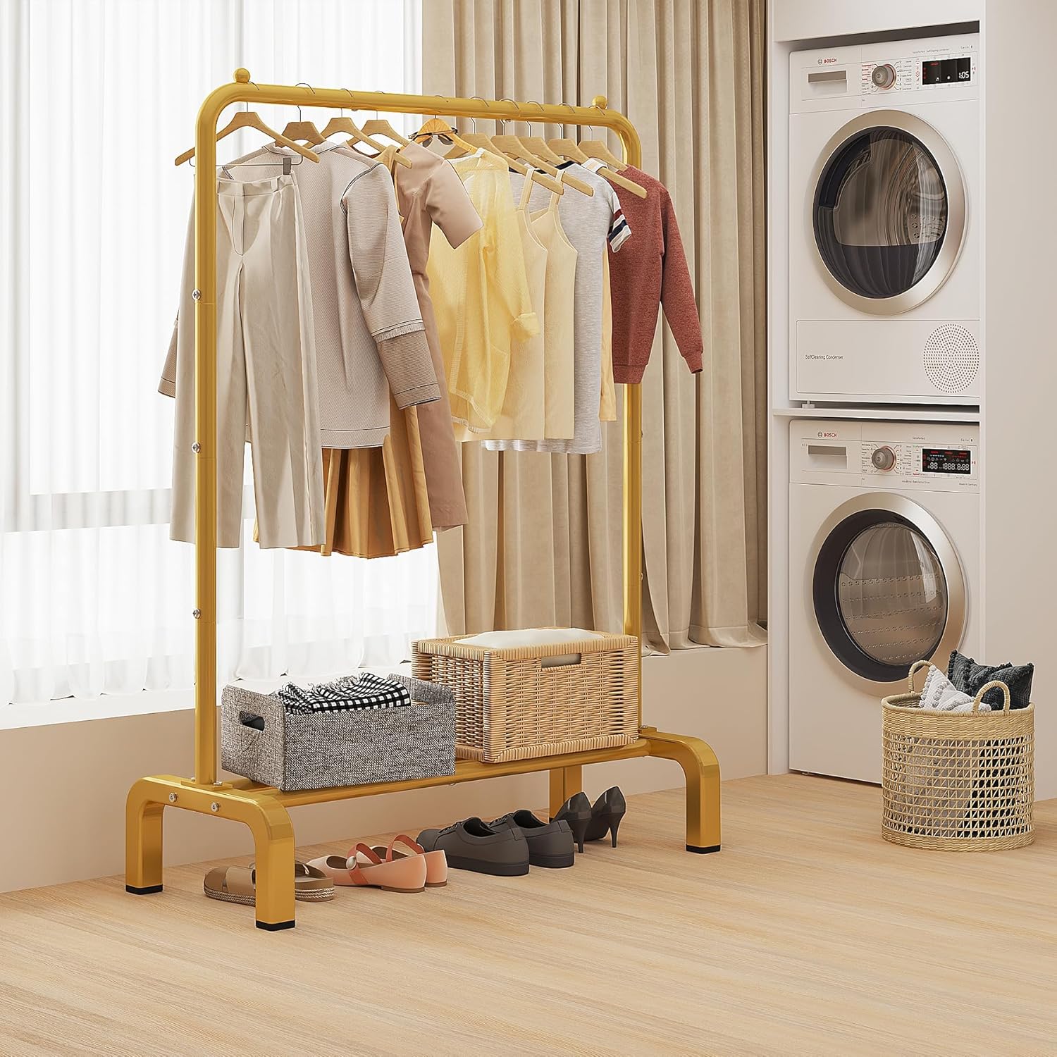 JIUYOTREE Standard Clothes Clothing Garment Rack with Storage Shelves Clothes Organizer for Hanging Clothes Coat Jacket Shirt Sweater Jeans Gold