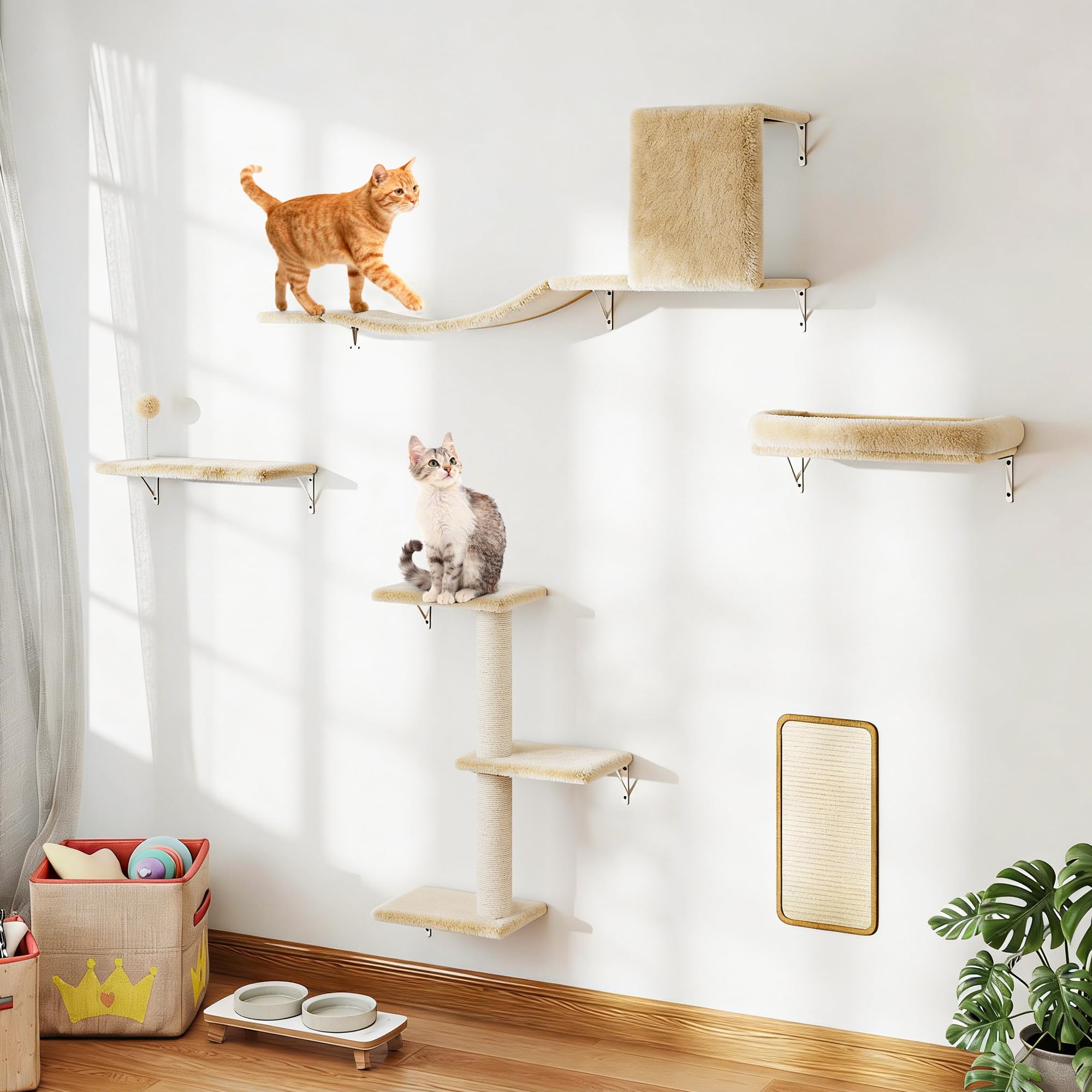 COZIWOW Cat Wall Shelves Set, 5-Piece Wall Mounted Cat Furniture with Cat Tree & Scratching Post, Floating Cat Perches for Indoor Cats（Beige）