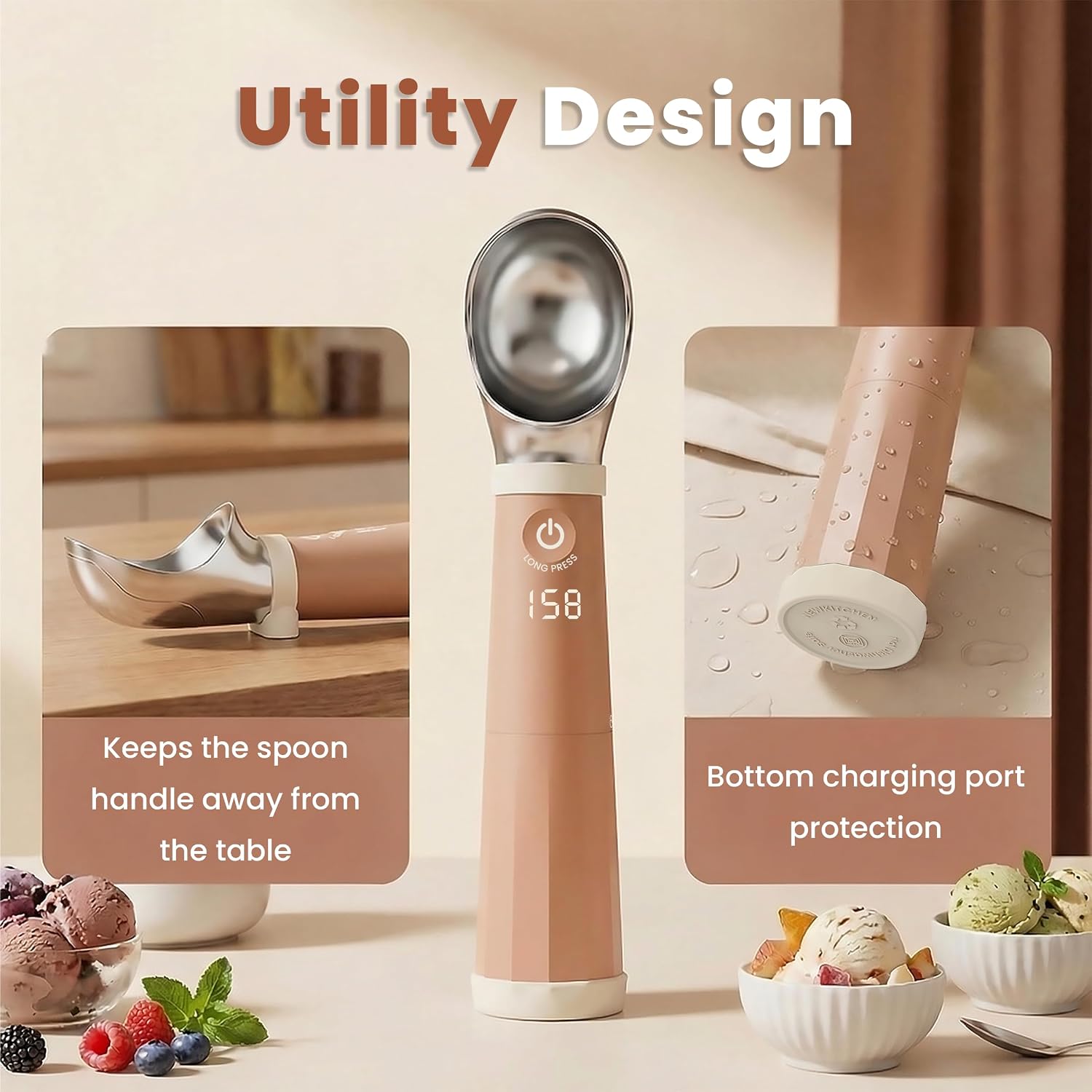 NEWKITCHEN Heated Ice Cream Scoop, Electric Ice Cream Scooper Rechargeable Heats -158℉, LED Display, 2600mAh Capacity Removable Battery, for Hard Ice Cream, Frozen Yogurt, Sorbet,Gelato, Light Caramel