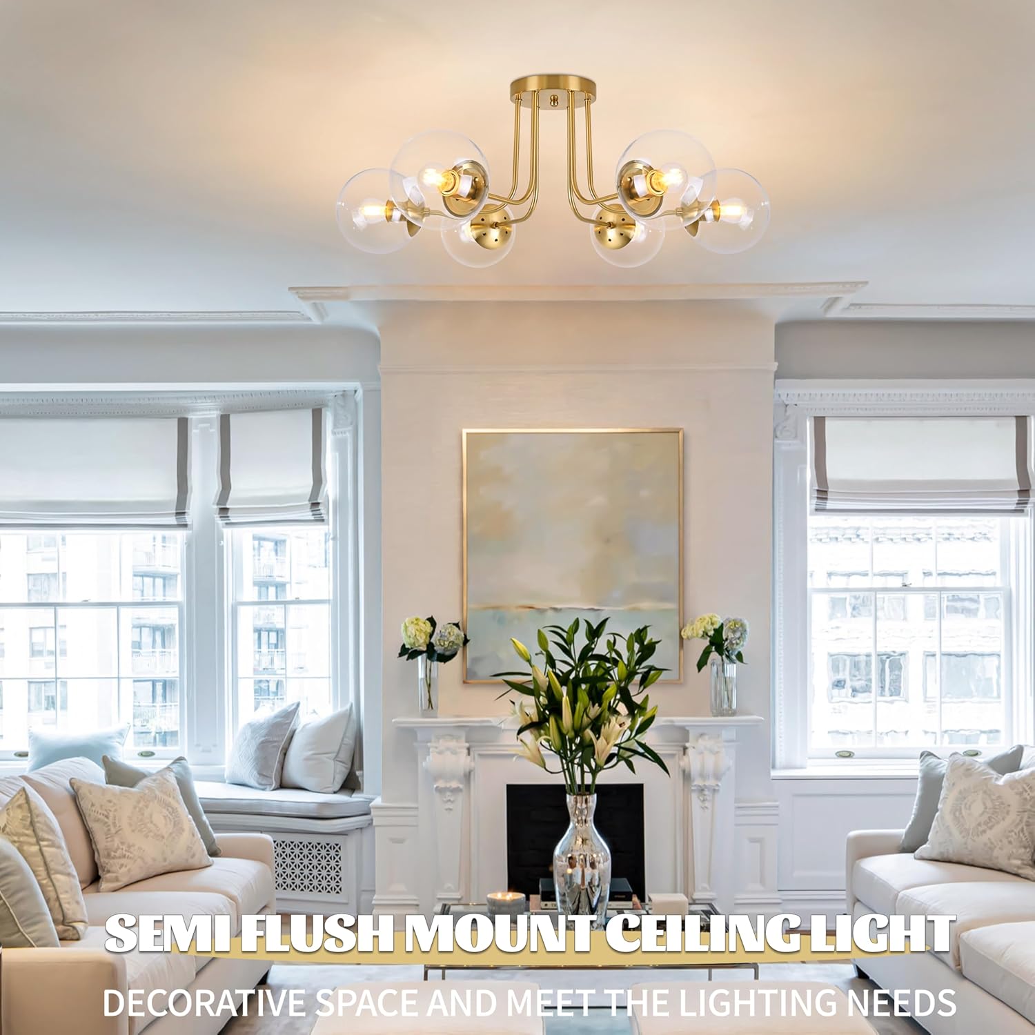 koko&yukina 6-light mid century ceiling light modern semi flush mount ceiling light fixture globe ceiling light with clear glass shade brushed brass finish for bedroom hallway dining room living room 6 lights clear gold 6 inch