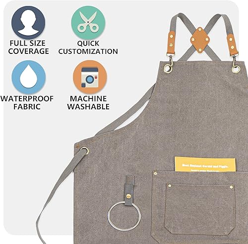 Miniatura 5 de Delantales de lona para mujeres y hombres, delantal de chef personalizado, para taller, cocina, carpintería, jardinería, camarero