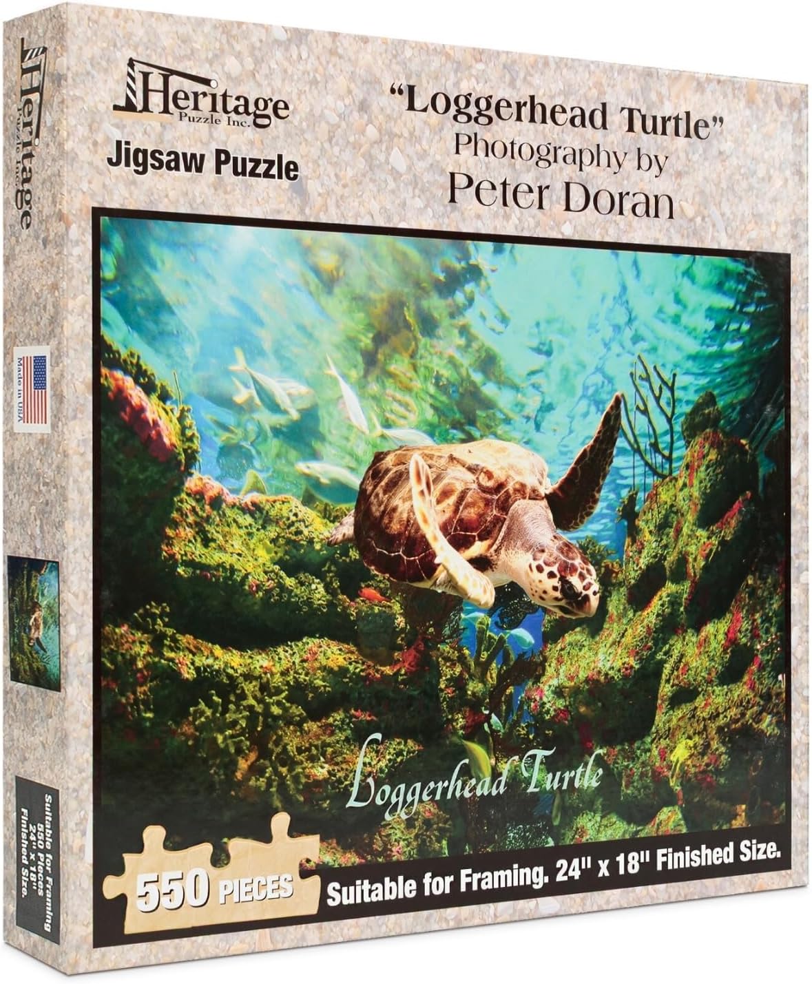 Heritage Puzzle - Loggerhead Turtle by Peter Doran 550 Piece Puzzles for Adults - Unique Underwater Animal Sea Turtle Art, Frameable Jigsaw Puzzle 18" x 24" Finished Size