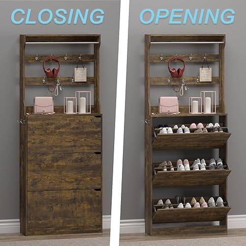 Miniatura 33 de Armario de almacenamiento de zapatos con 3 cajones abatibles, armario estrecho para zapatos, organizador independiente de almacenamiento para Negro