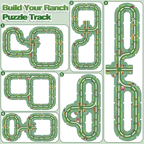 Miniatura 5 de Juego de 48 piezas de rompecabezas de pista de coche con 2 vehículos, rompecabezas temático de rancho, juguetes educativos Montessori para niños de