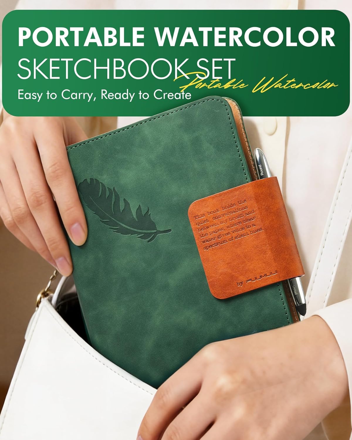 Fuumuui Watercolor Sketchbook with Travel Brush - Watercolor Paper Pad, 100% Cotton Acid Free Cold Press 300gsm, 20 Sheets 6.5"x9.1" for Artists, Adults, Students, Travel Art Journal