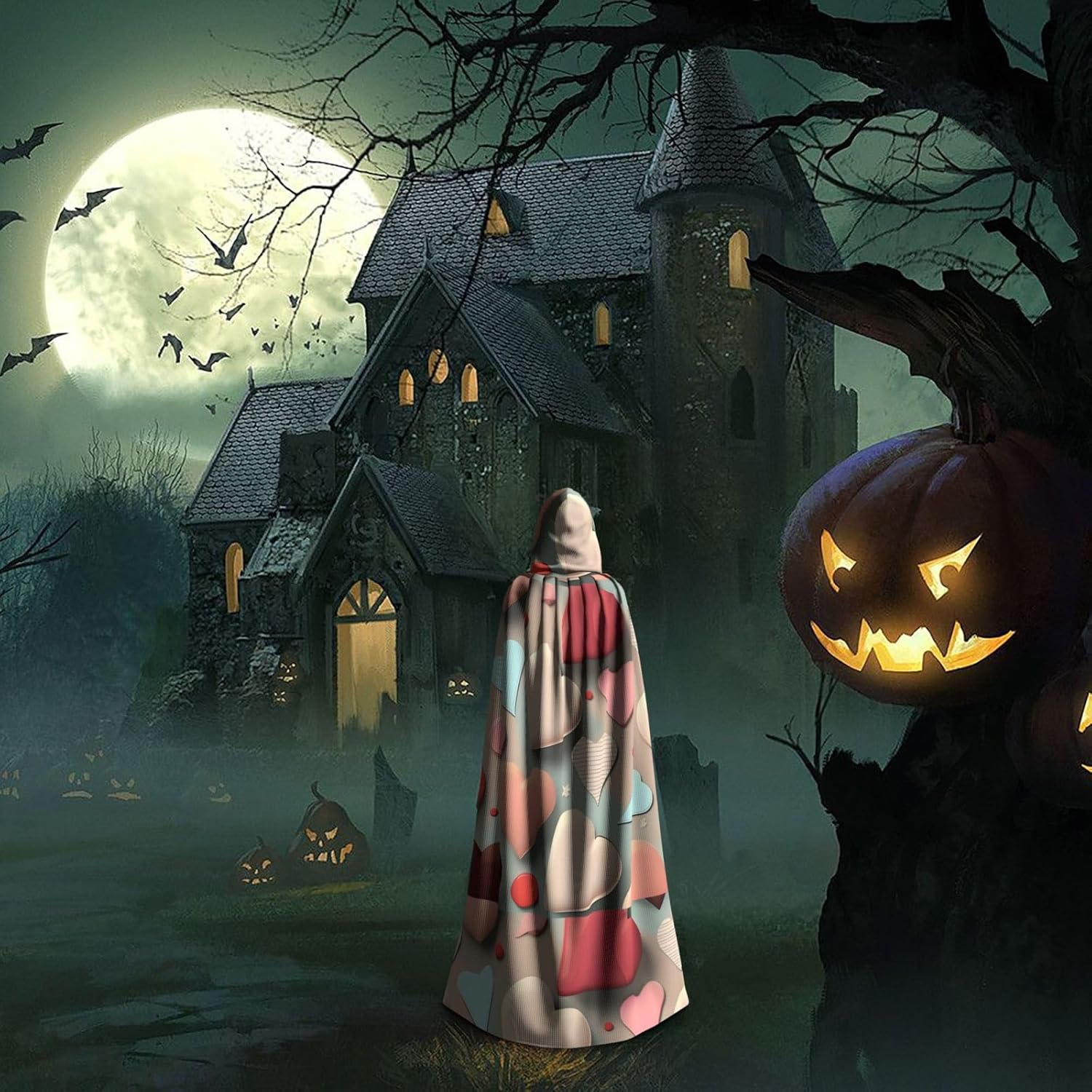 Love Pattern Men Women Halloween Role Play Party Decoration Hooded Poncho Black