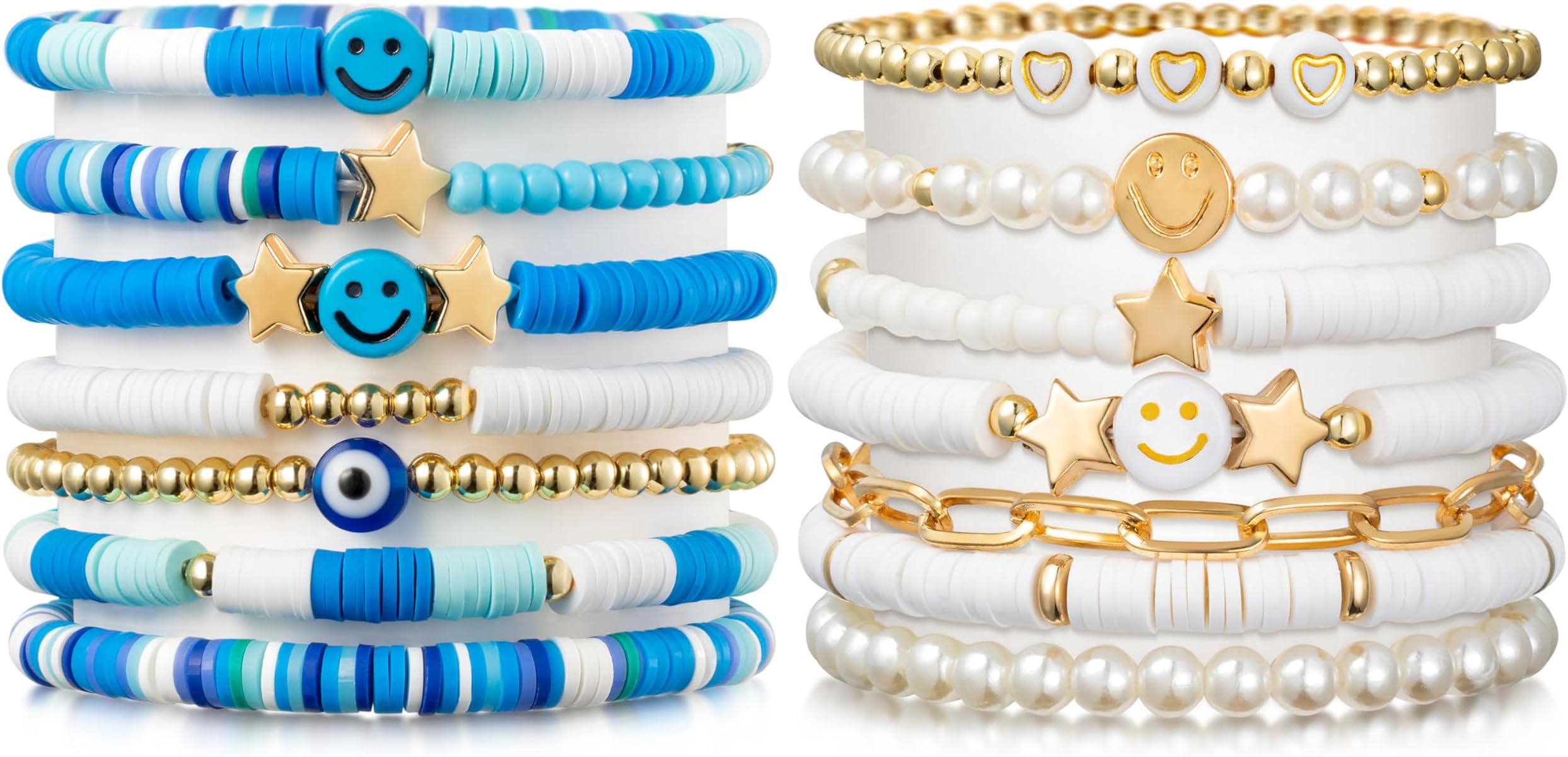 Preppy Heishi Bracelets Set Colorful White Gold Smile Heart Star Evil Eye Beaded Polymer Clay Pearl Stackable Charm Y2K Kidcore Summer Beach Bohemian Layering Bracelets Jewelry for Women Girls Teens