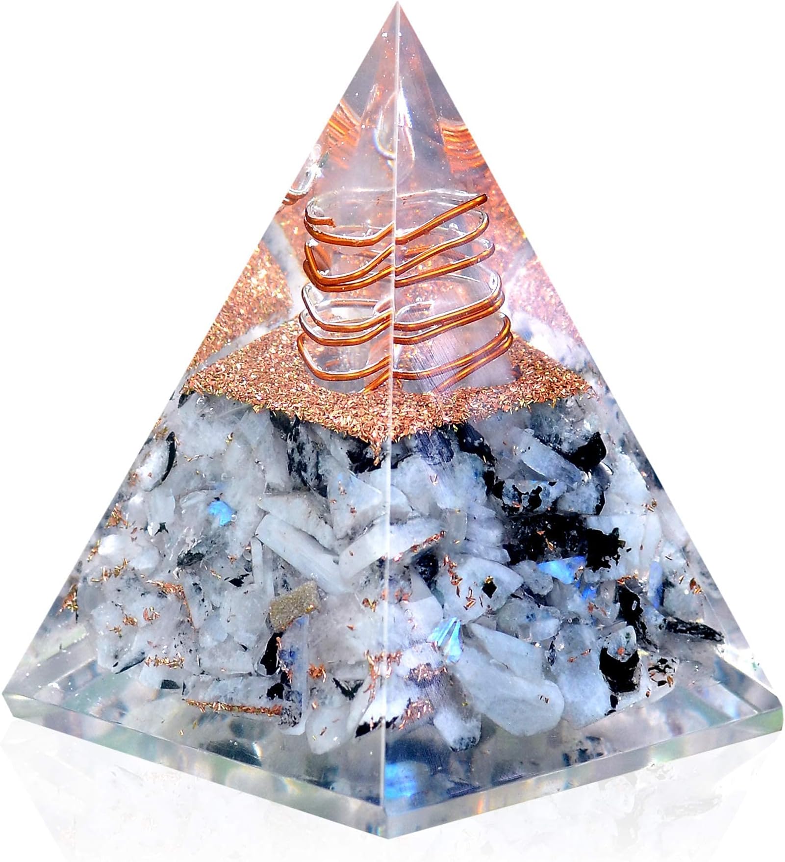 Ever Vibes Rainbow Moonstone Orgone Pyramid - Handmade Healing Crystal Gemstone for Positivity, Strength, Meditation, Reiki, Yoga, Spiritual Gift, Home & Office Decor