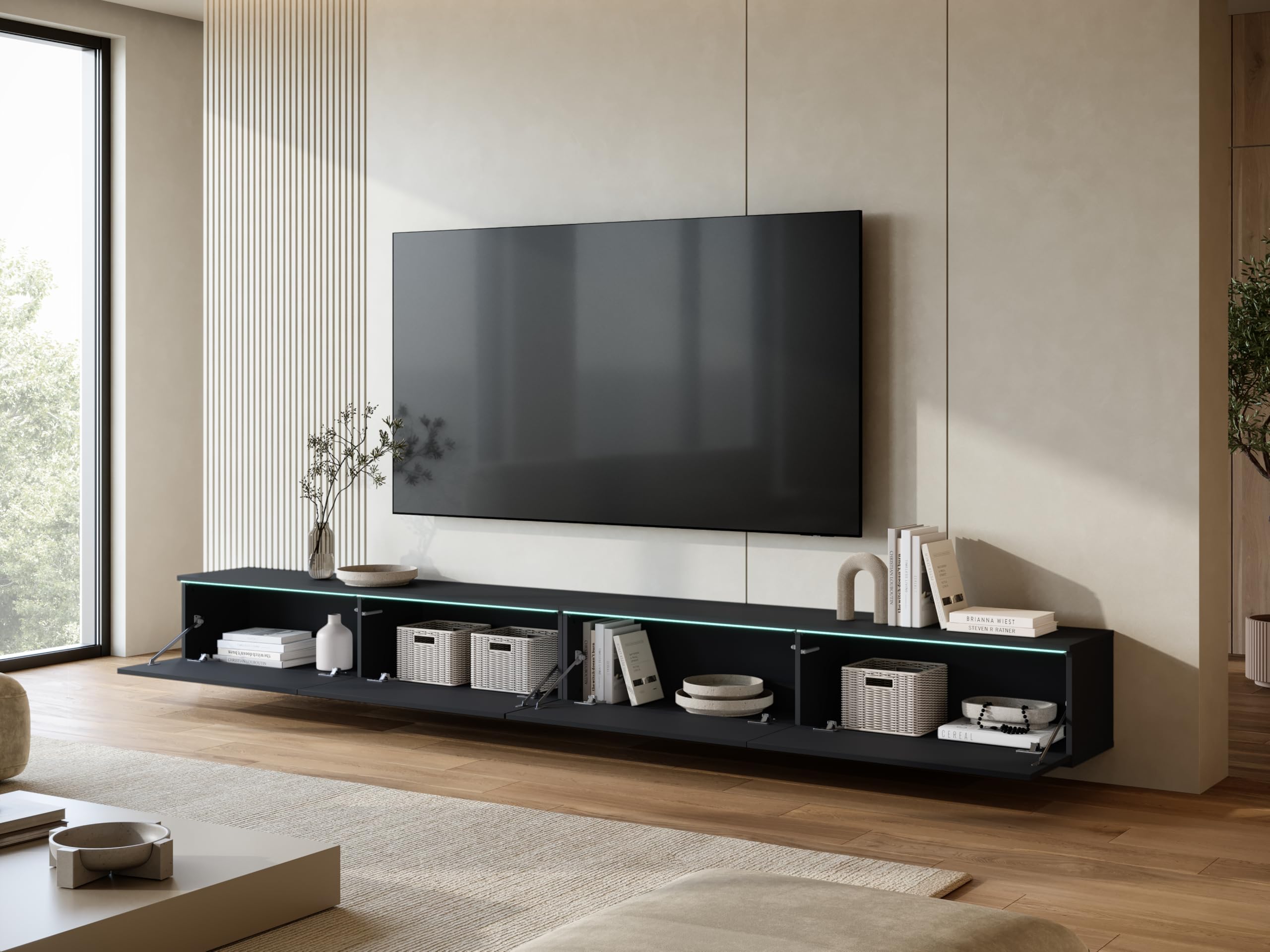 Mueble TV Salon de 4 Puertas con LED - Largo de 300 cm - Mueble Television en Estilo Moderno - Mesa TV para Salón, Comedor, Dormitorio - Mesa de Televisión Salón