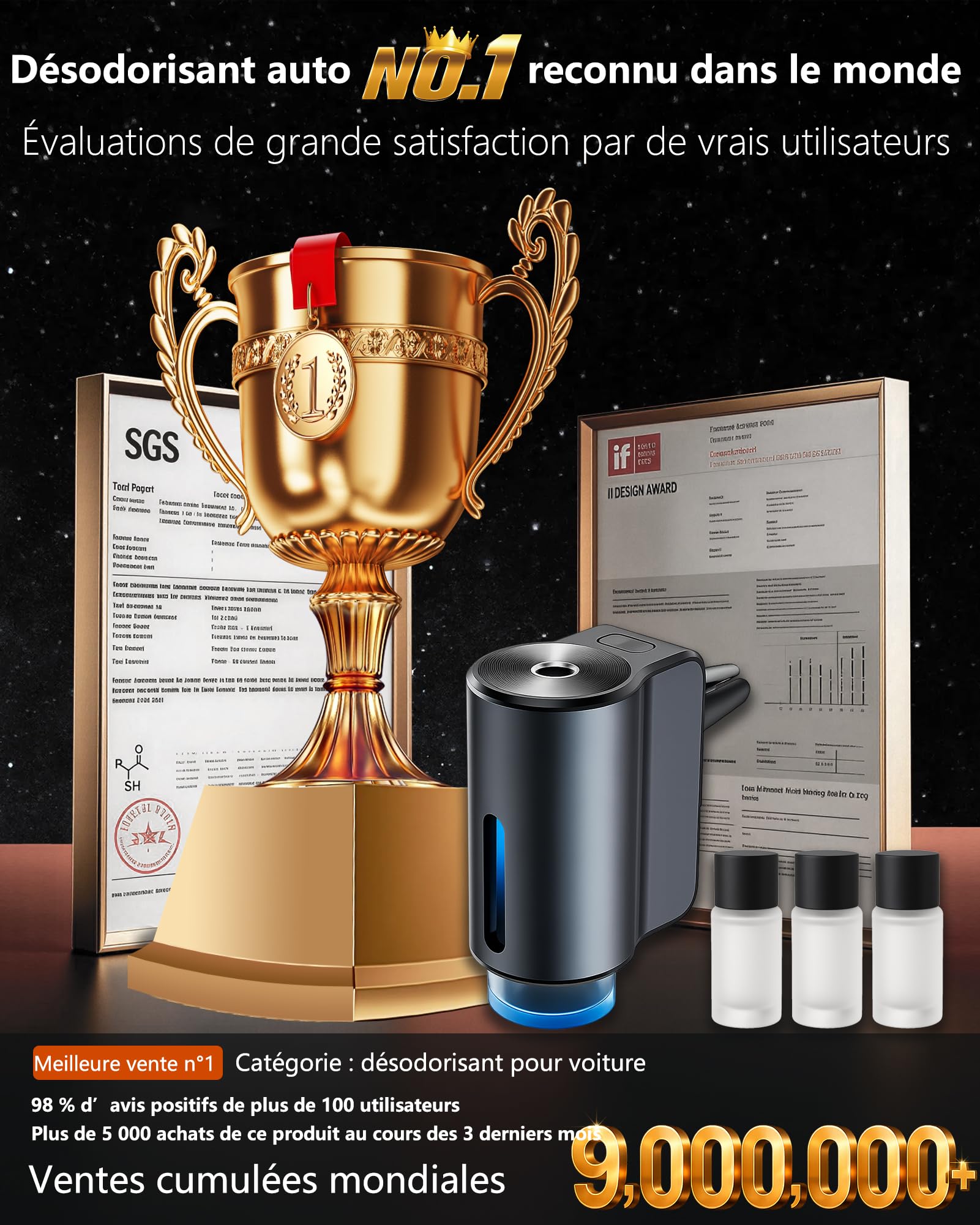 Électrique Diffuseur Voiture avec 3 parfums (Colognee/Style Parisien/Hiltonn), Diffuseur Électrique, Atomiseur Ultrasonique, 3 Modes, On/Off Automatique, Batterie Intégrée, Diffuseur d'Arômes CFK-3Z
